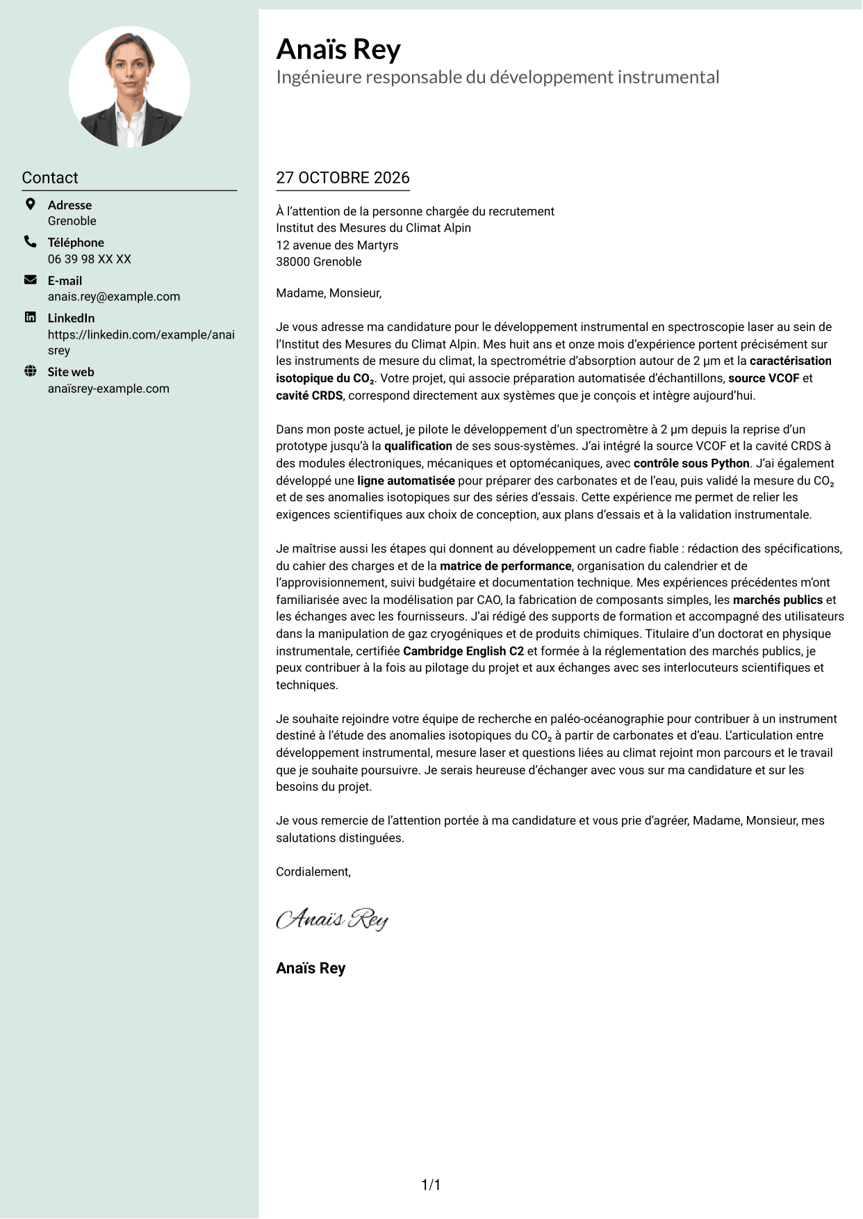 Lettre de motivation Cadre (format à colonne latérale douce avec photo arrondie) : Ingénieure experte en développement instrumental - Spectroscopie laser, page 1