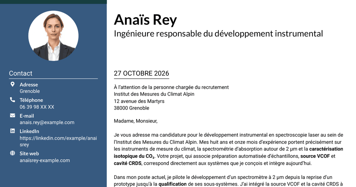 7 modèles de lettre de motivation pour Ingénieure experte en développement instrumental - Spectroscopie laser, avec exemples