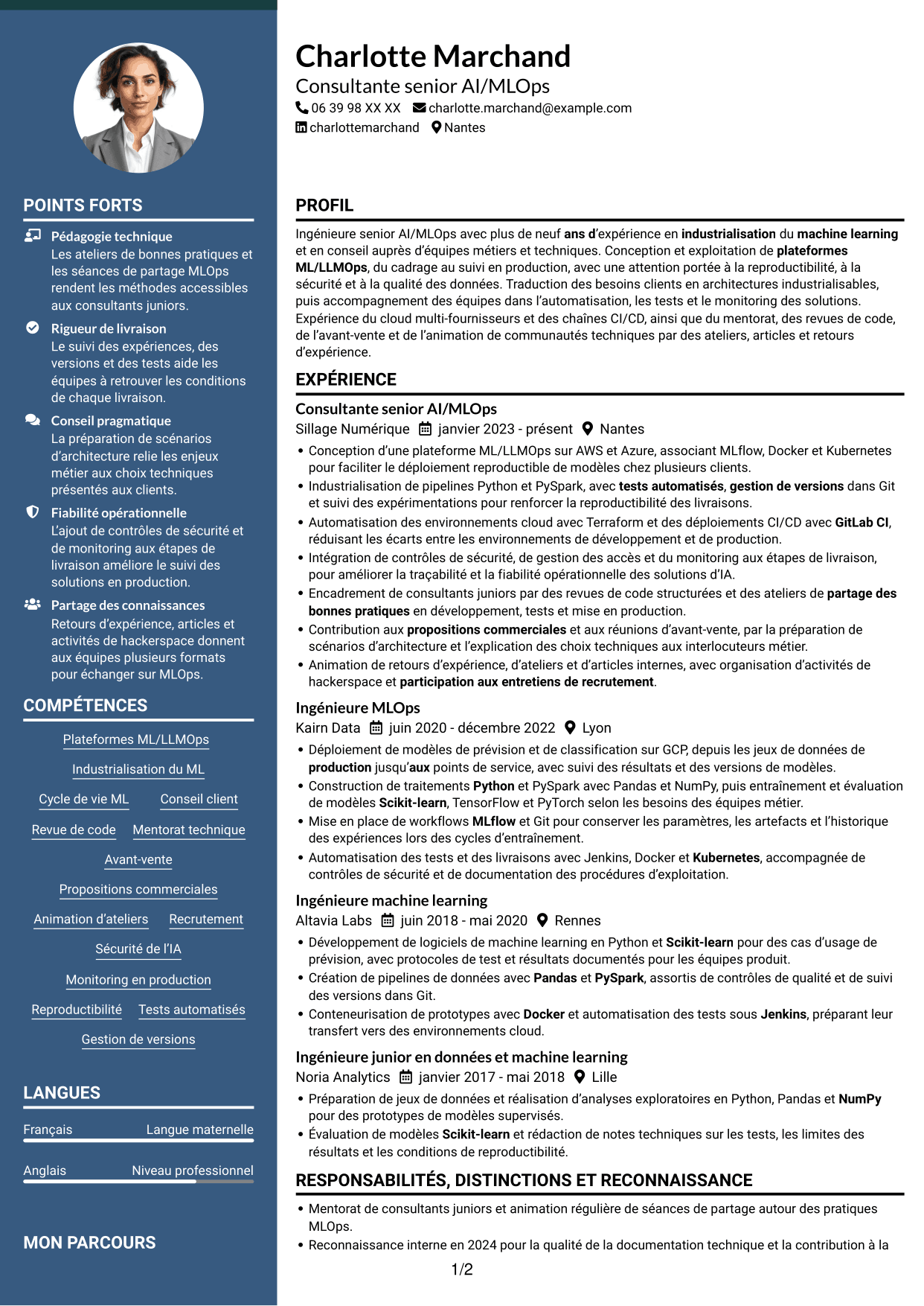 CV Élégant (format à colonne latérale colorée avec photo) : Ingénieure Senior AI/MLOps - Plateformes ML/LLMOps, page 1