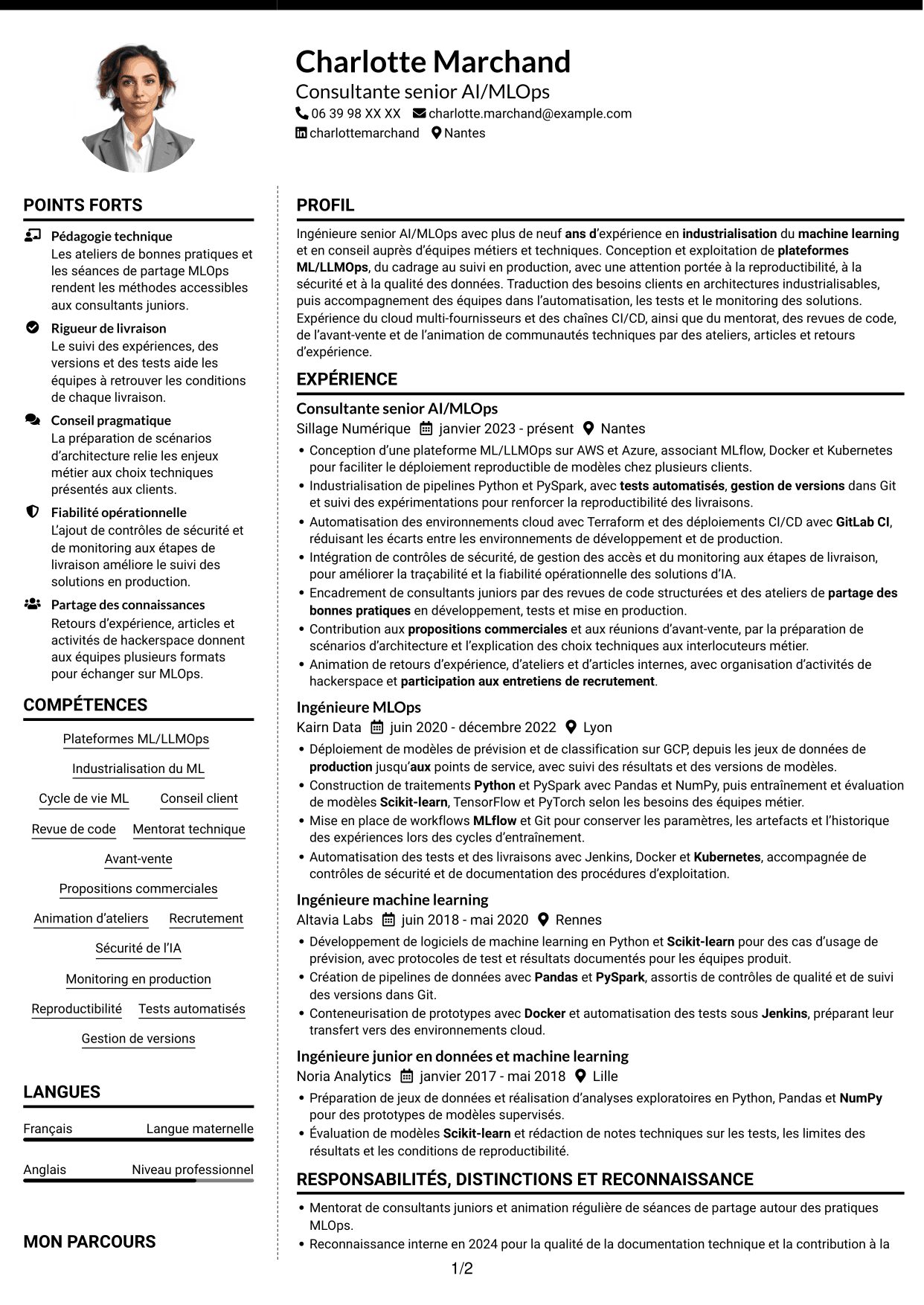 CV Moderne (format à deux colonnes avec photo à gauche et séparateur) : Ingénieure Senior AI/MLOps - Plateformes ML/LLMOps, page 1