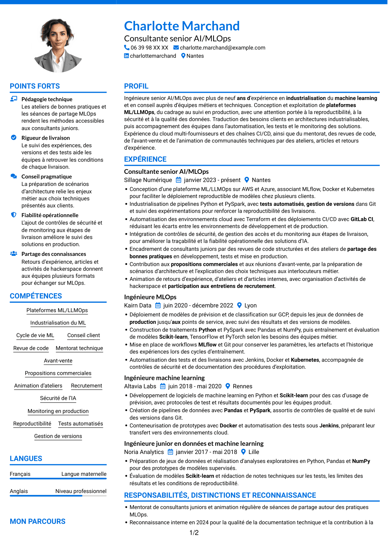 CV Audacieux (format à deux colonnes avec accents colorés et photo) : Ingénieure Senior AI/MLOps - Plateformes ML/LLMOps, page 1