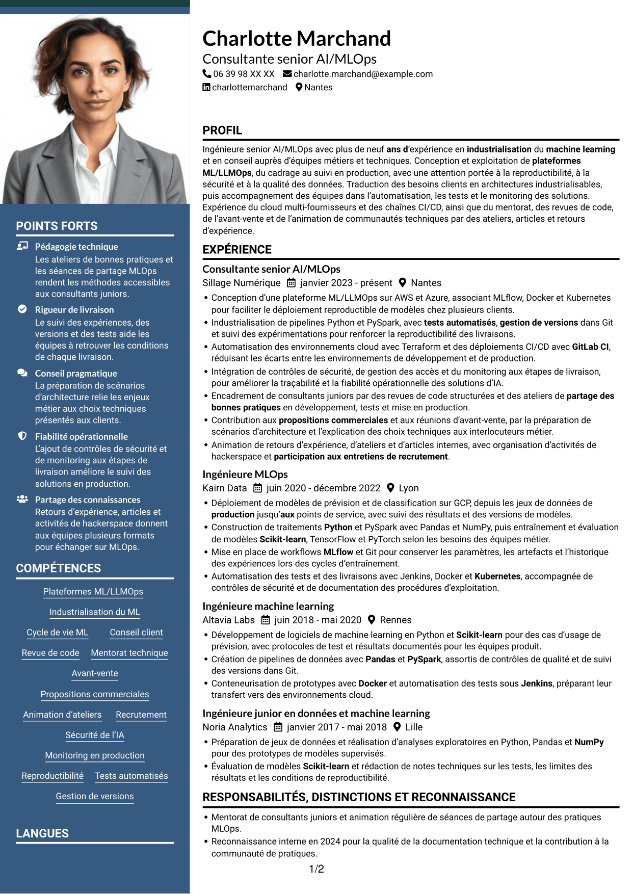 CV Signature (format à colonne latérale colorée avec grande photo) : Ingénieure Senior AI/MLOps - Plateformes ML/LLMOps, page 1