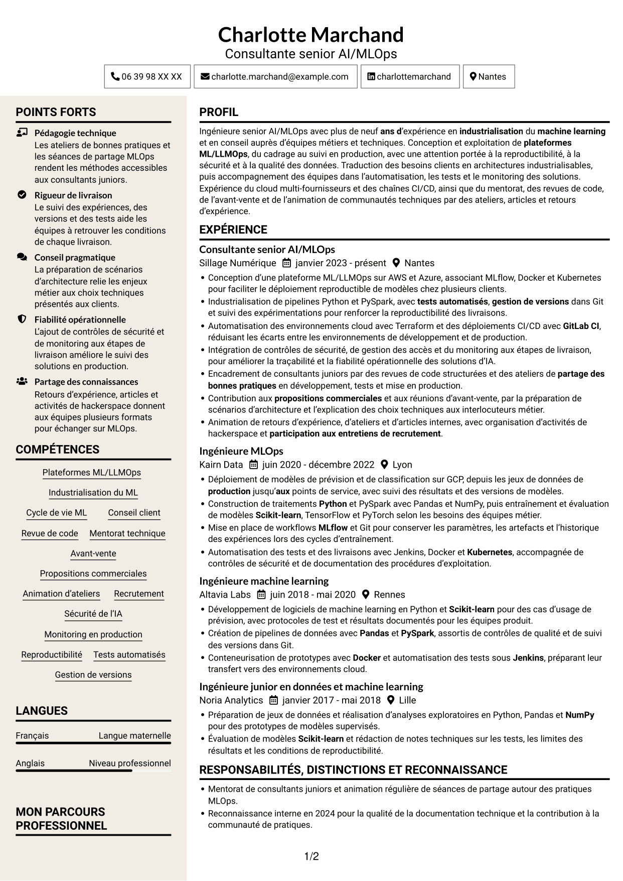 CV Fonceur (format à deux colonnes avec en-tête centré sans photo) : Ingénieure Senior AI/MLOps - Plateformes ML/LLMOps, page 1