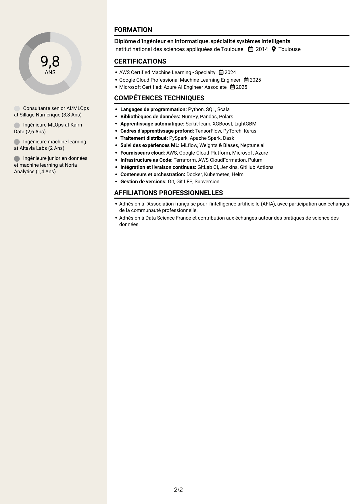CV Fonceur (format à deux colonnes avec en-tête centré sans photo) : Ingénieure Senior AI/MLOps - Plateformes ML/LLMOps, page 2