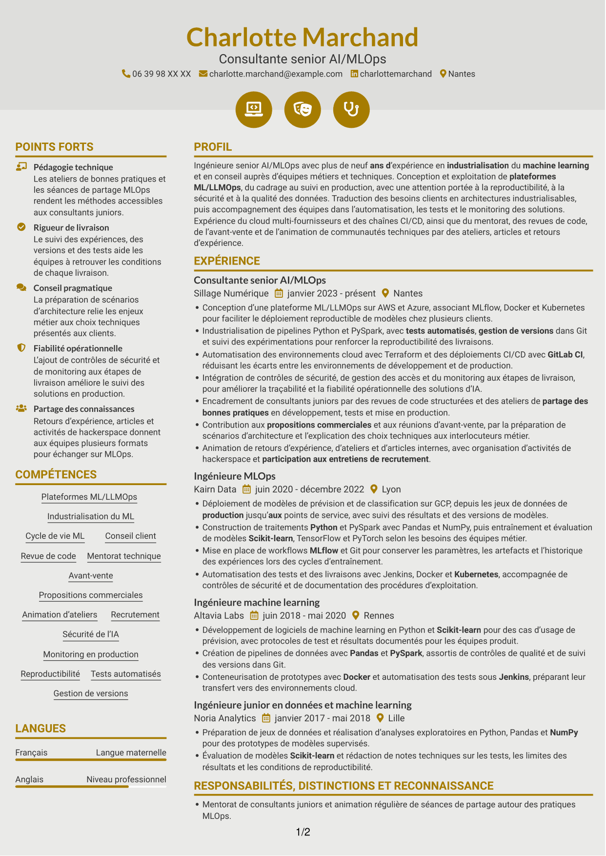 CV Dynamique (format à deux colonnes avec icônes) : Ingénieure Senior AI/MLOps - Plateformes ML/LLMOps, page 1