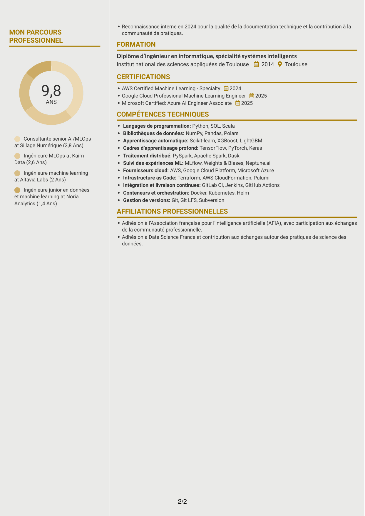 CV Dynamique (format à deux colonnes avec icônes) : Ingénieure Senior AI/MLOps - Plateformes ML/LLMOps, page 2