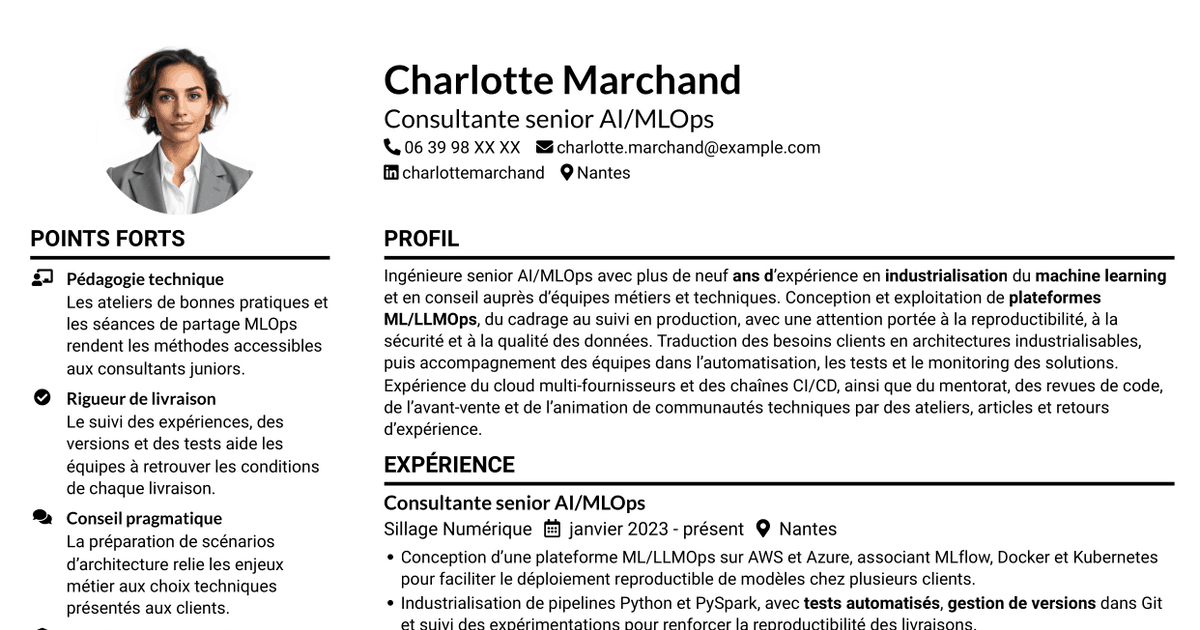 7 modèles de CV pour Ingénieure Senior AI/MLOps - Plateformes ML/LLMOps, avec exemples