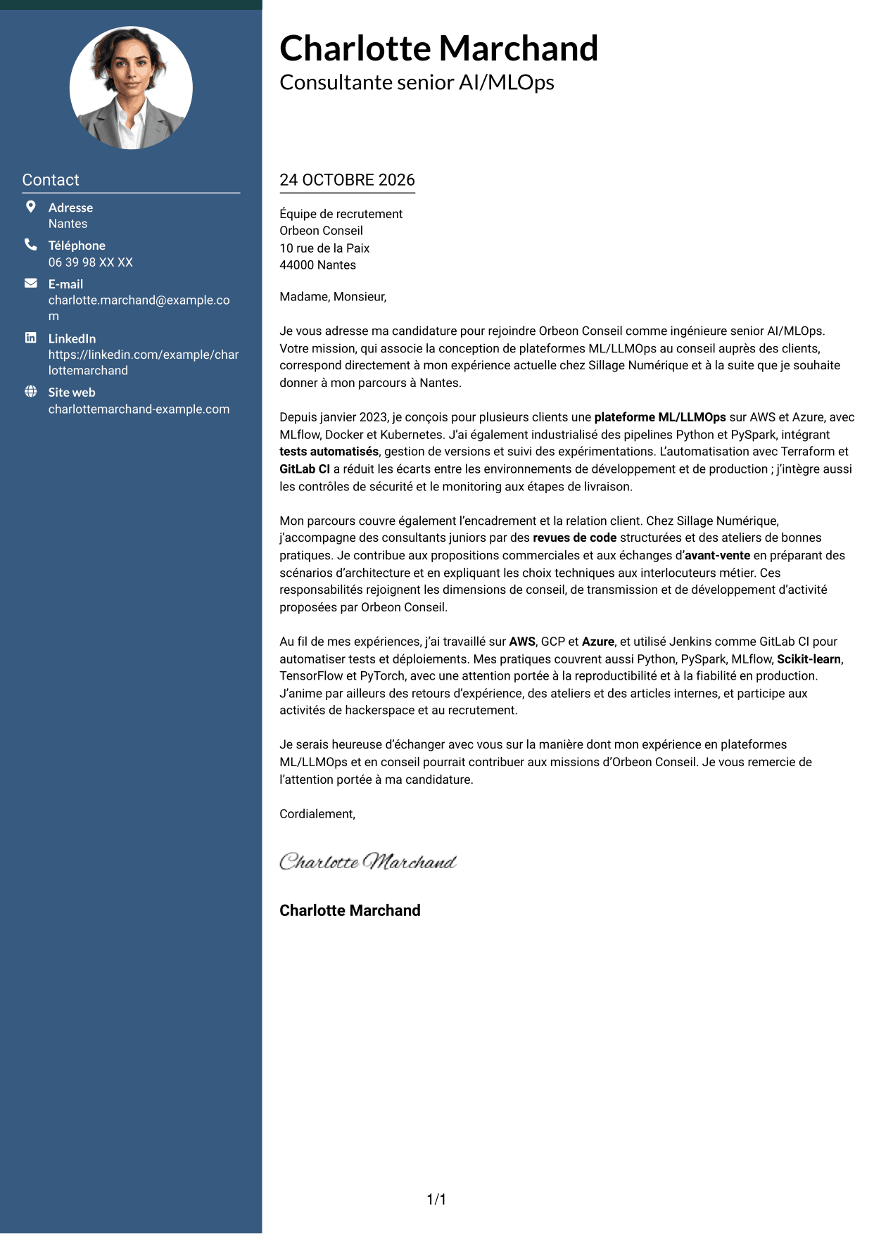 Lettre de motivation Élégant (format à colonne latérale colorée avec photo) : Ingénieure Senior AI/MLOps - Plateformes ML/LLMOps, page 1