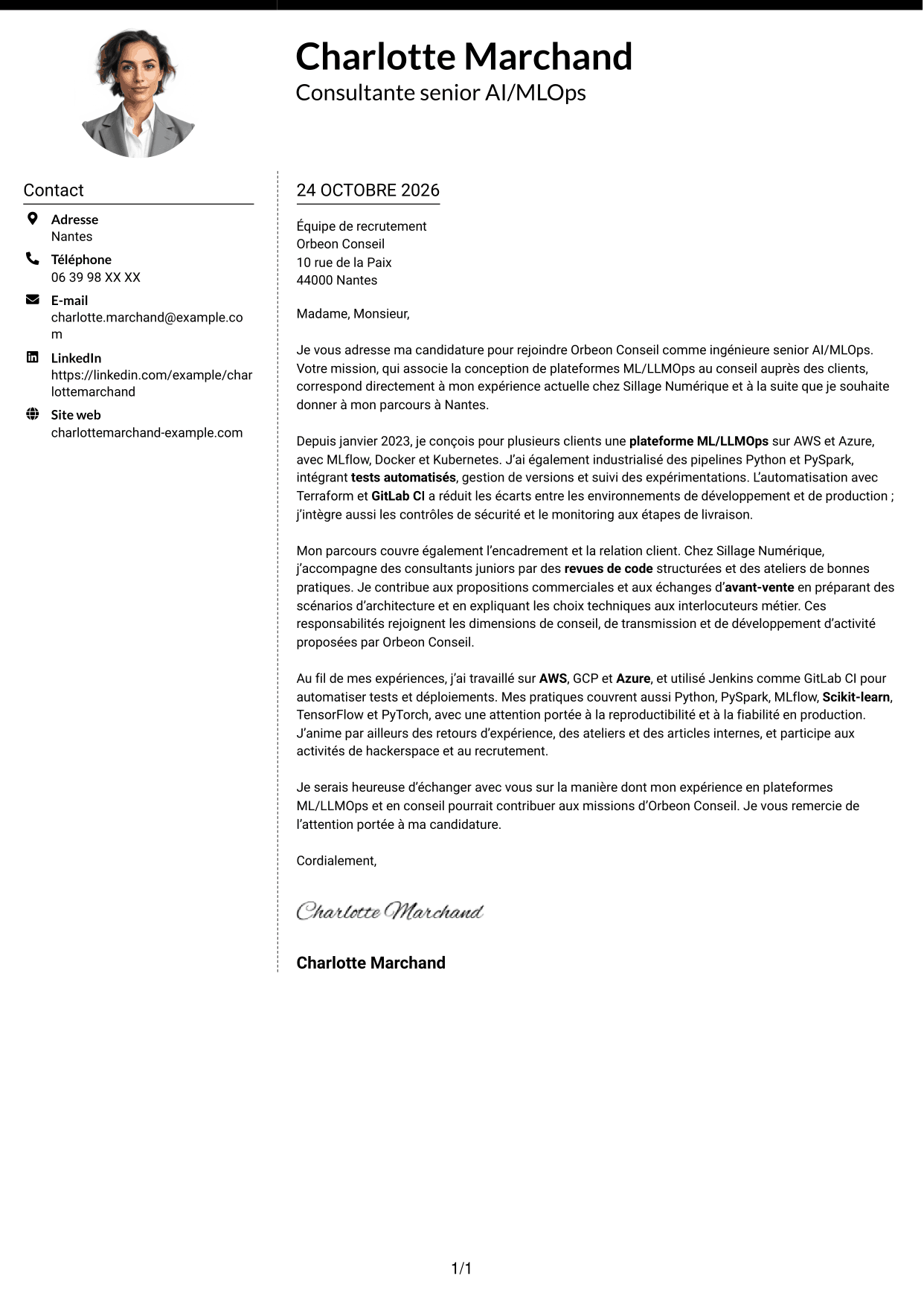 Lettre de motivation Moderne (format à deux colonnes avec photo à gauche et séparateur) : Ingénieure Senior AI/MLOps - Plateformes ML/LLMOps, page 1