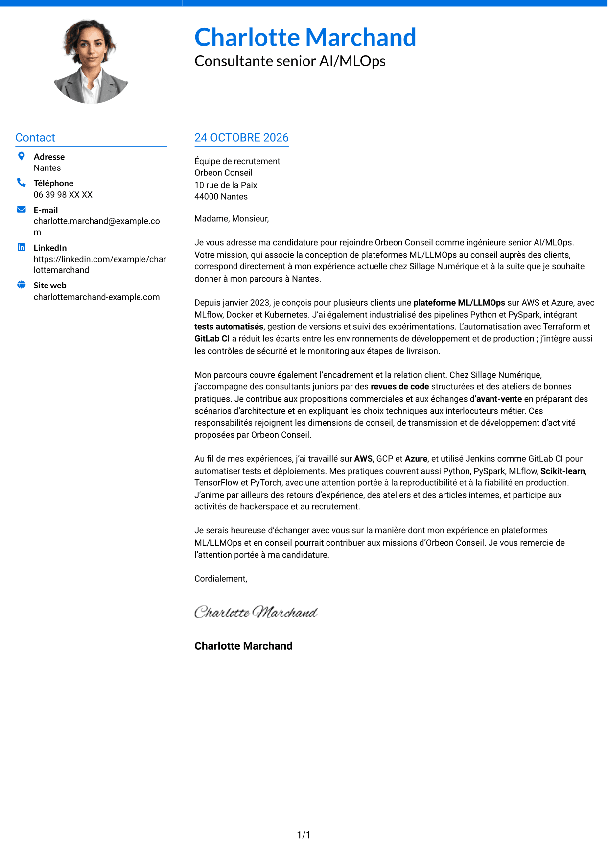 Lettre de motivation Audacieux (format à deux colonnes avec accents colorés et photo) : Ingénieure Senior AI/MLOps - Plateformes ML/LLMOps, page 1