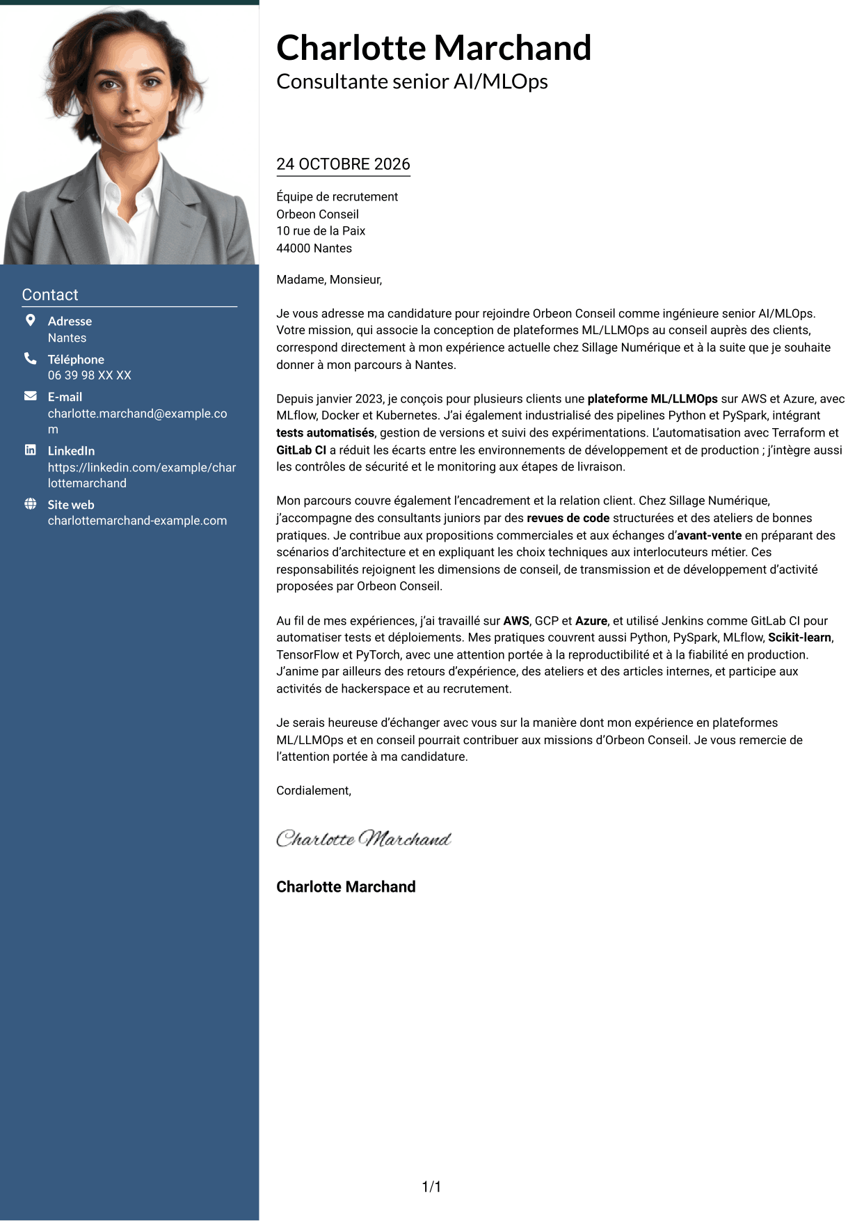 Lettre de motivation Signature (format à colonne latérale colorée avec grande photo) : Ingénieure Senior AI/MLOps - Plateformes ML/LLMOps, page 1