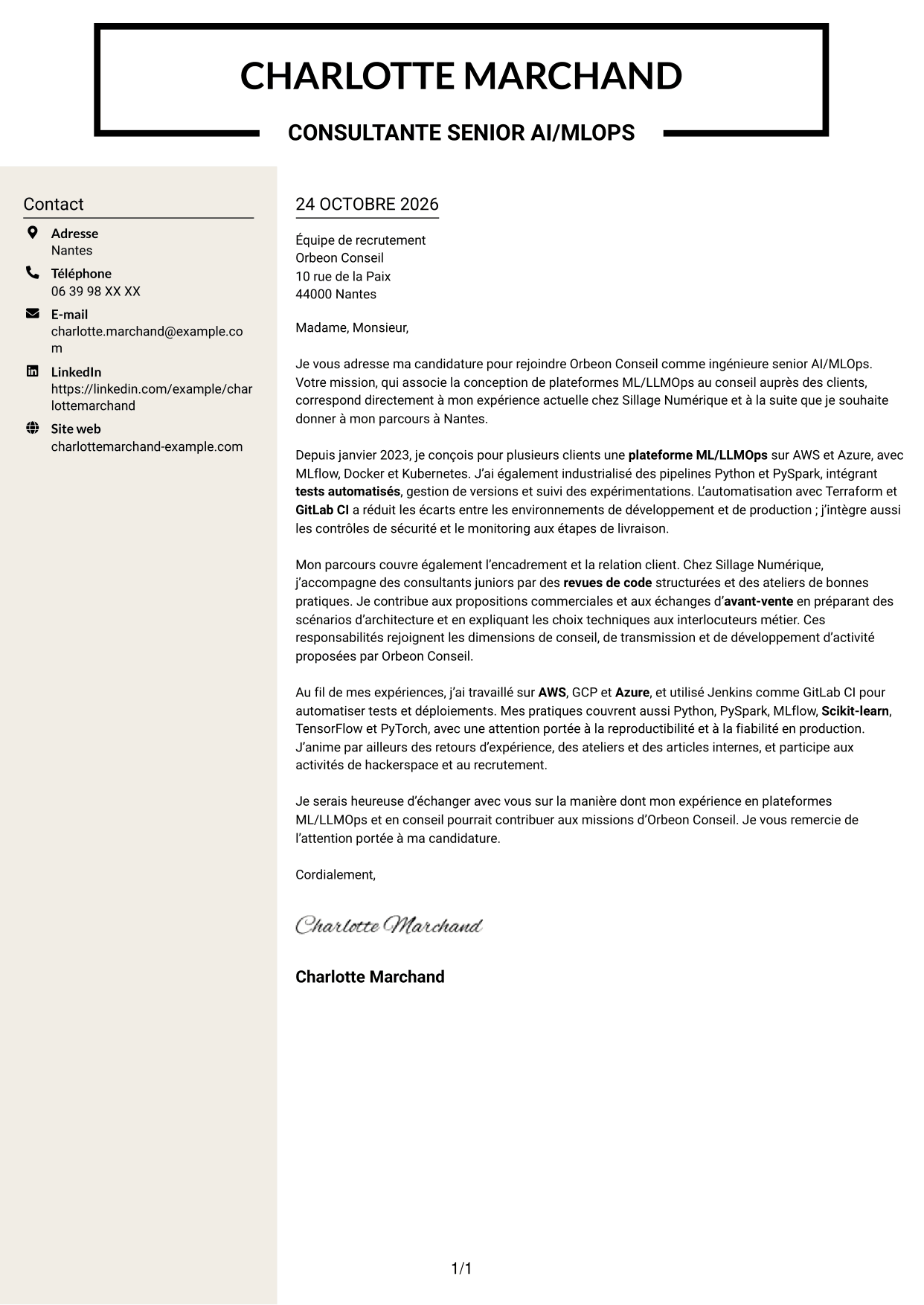 Lettre de motivation Fonceur (format à deux colonnes avec en-tête centré sans photo) : Ingénieure Senior AI/MLOps - Plateformes ML/LLMOps, page 1