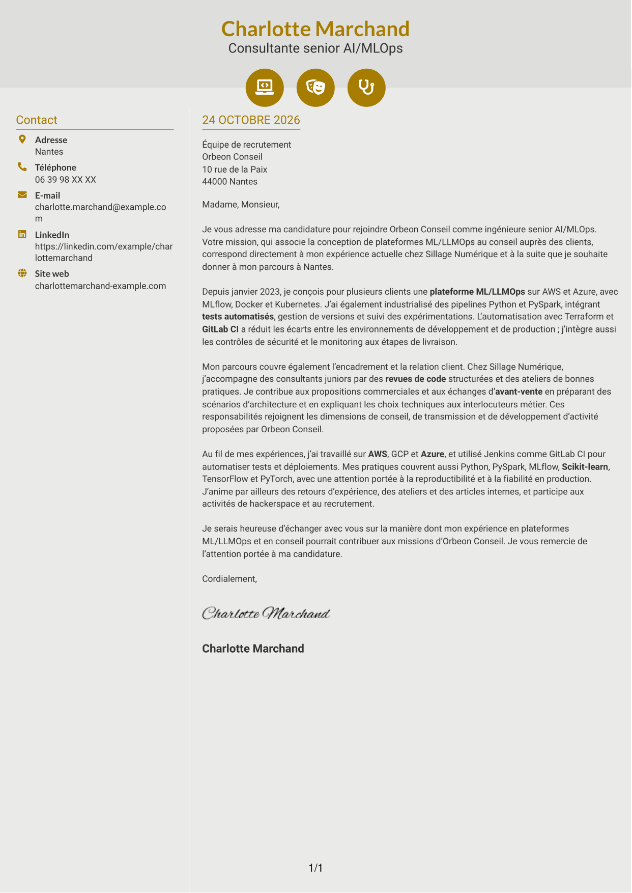 Lettre de motivation Dynamique (format à deux colonnes avec icônes) : Ingénieure Senior AI/MLOps - Plateformes ML/LLMOps, page 1