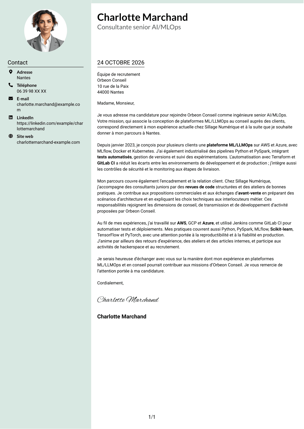 Lettre de motivation Cadre (format à colonne latérale douce avec photo arrondie) : Ingénieure Senior AI/MLOps - Plateformes ML/LLMOps, page 1