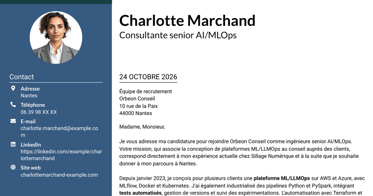 7 modèles de lettre de motivation pour Ingénieure Senior AI/MLOps - Plateformes ML/LLMOps, avec exemples