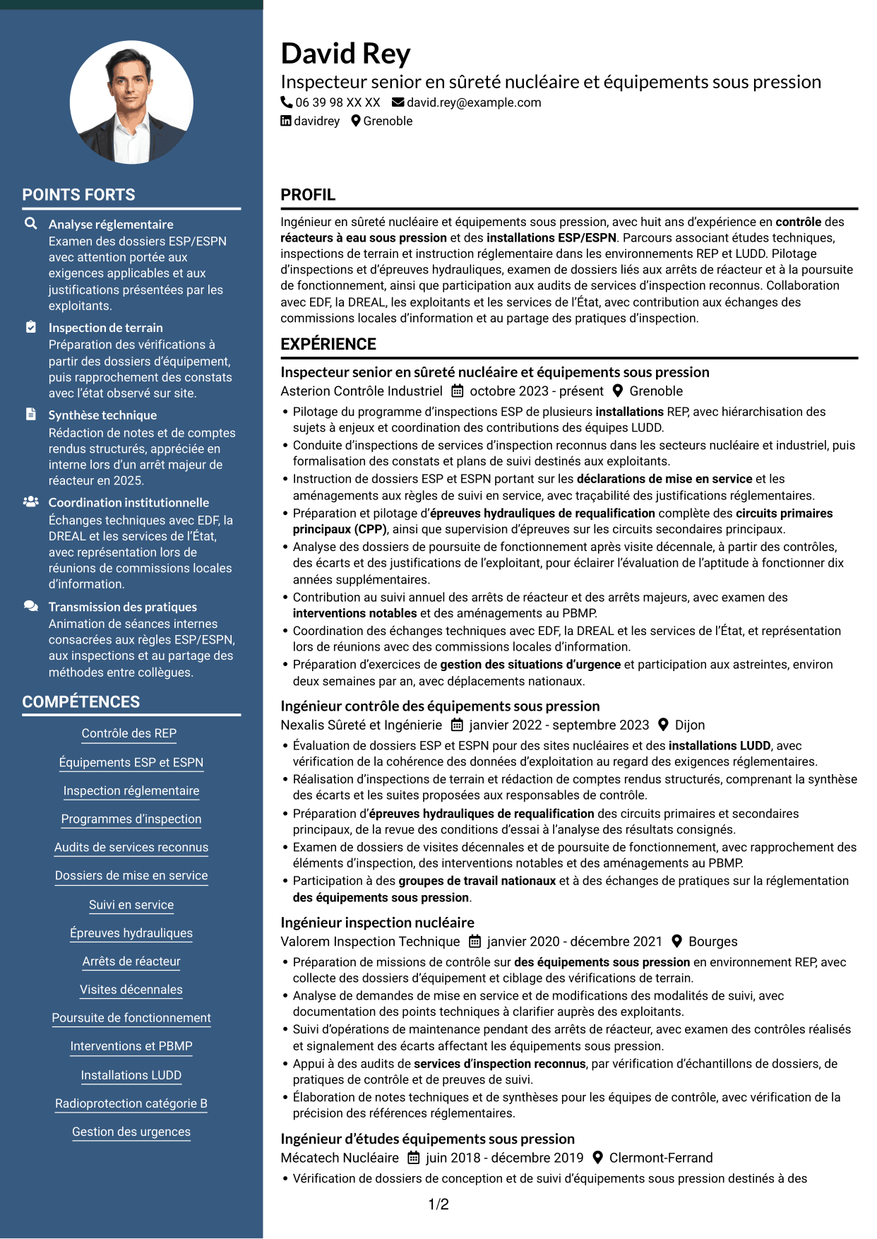 CV Élégant (format à colonne latérale colorée avec photo) : Inspecteur senior en sûreté nucléaire et équipements sous pression, page 1