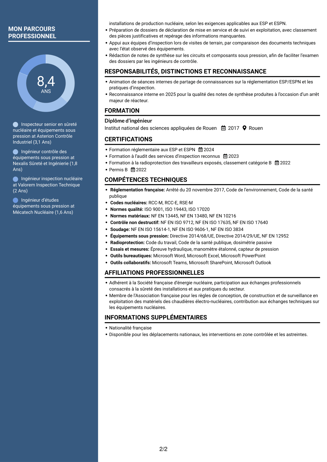 CV Élégant (format à colonne latérale colorée avec photo) : Inspecteur senior en sûreté nucléaire et équipements sous pression, page 2