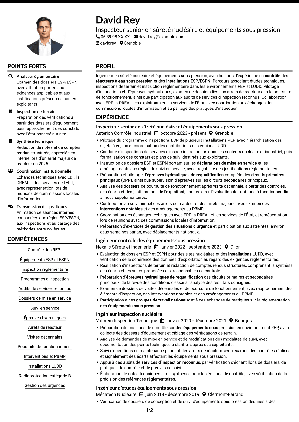CV Moderne (format à deux colonnes avec photo à gauche et séparateur) : Inspecteur senior en sûreté nucléaire et équipements sous pression, page 1