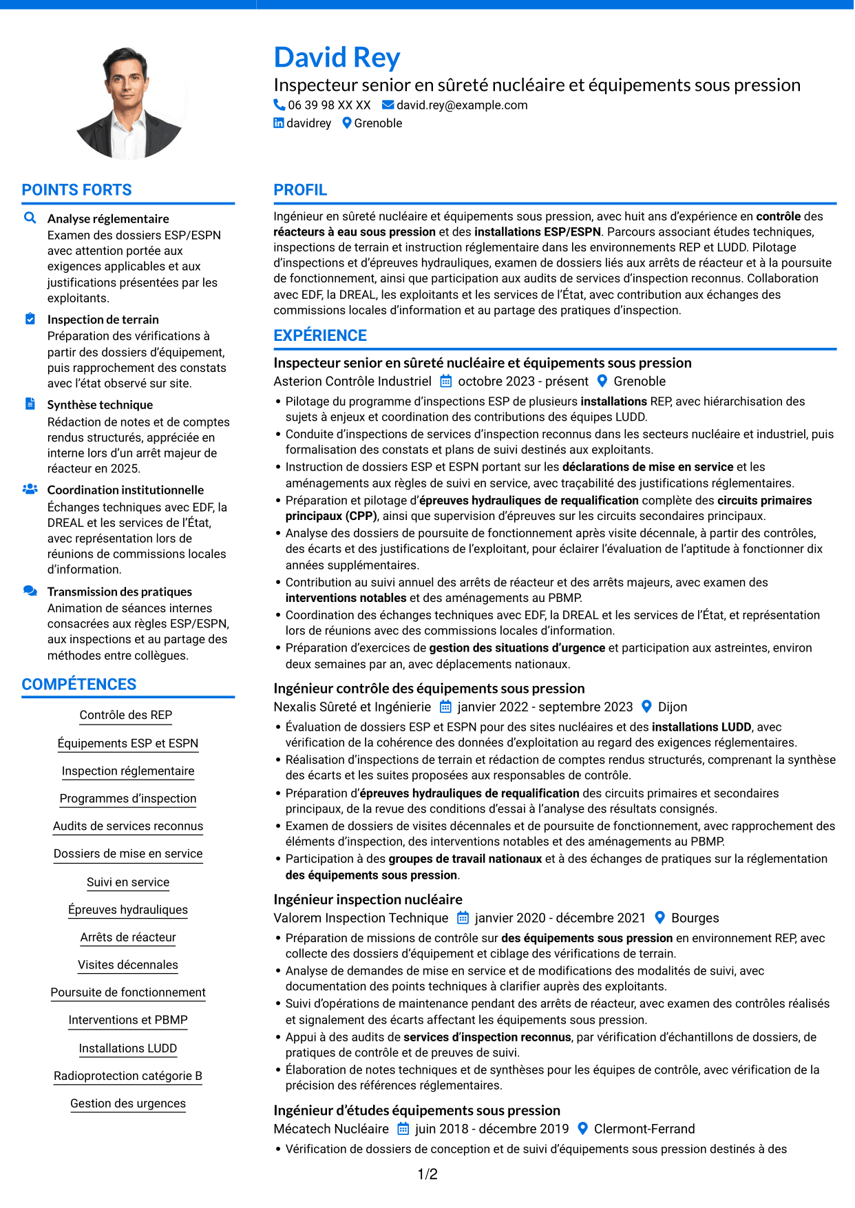CV Audacieux (format à deux colonnes avec accents colorés et photo) : Inspecteur senior en sûreté nucléaire et équipements sous pression, page 1