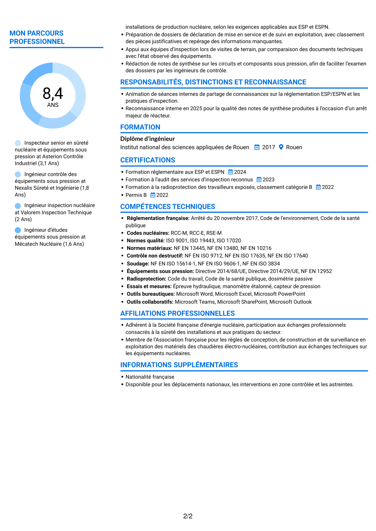 CV Audacieux (format à deux colonnes avec accents colorés et photo) : Inspecteur senior en sûreté nucléaire et équipements sous pression, page 2