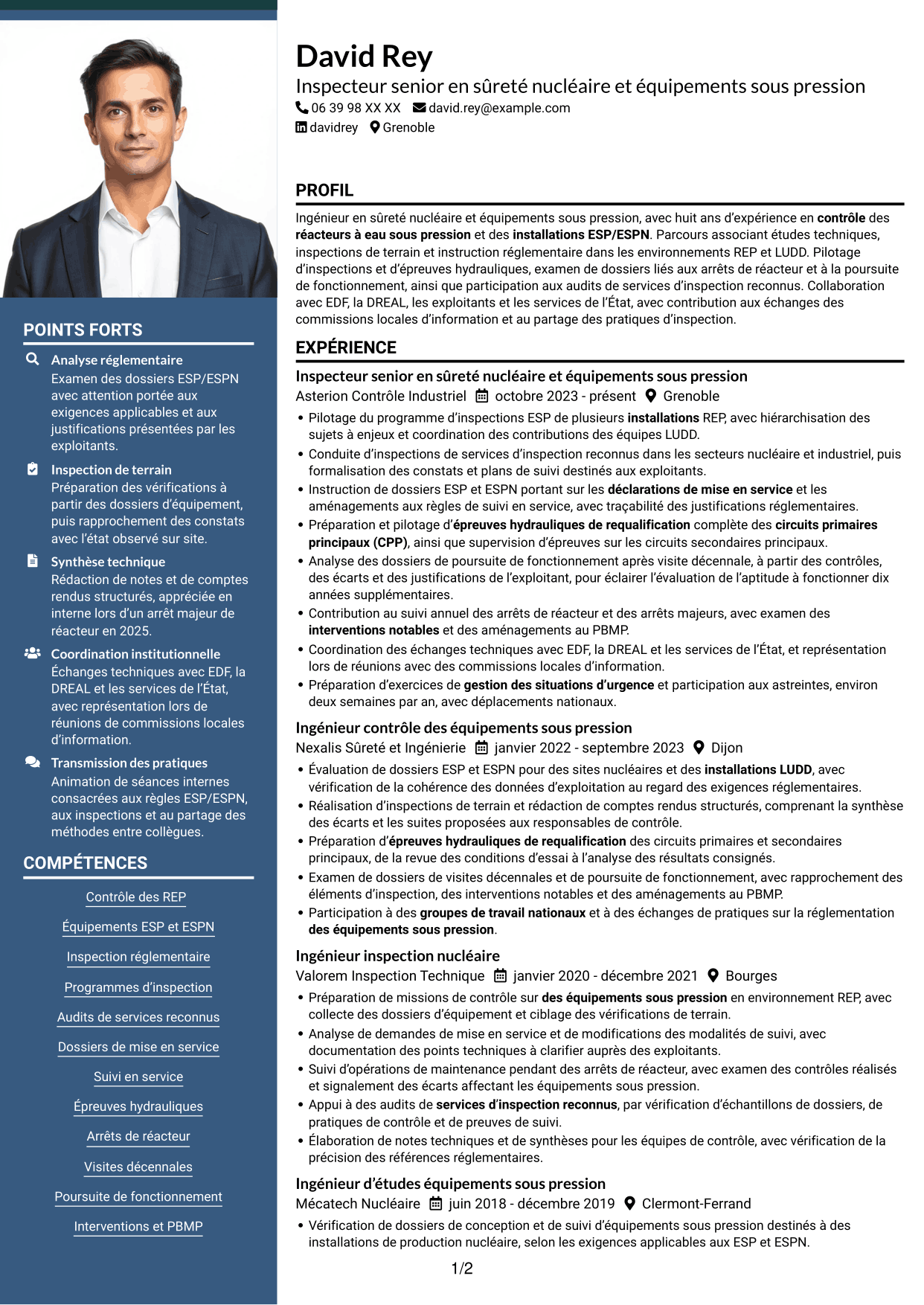 CV Signature (format à colonne latérale colorée avec grande photo) : Inspecteur senior en sûreté nucléaire et équipements sous pression, page 1