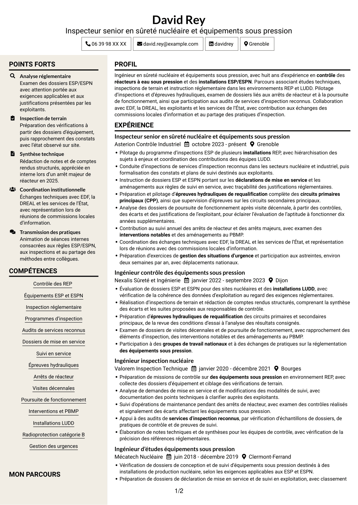 CV Fonceur (format à deux colonnes avec en-tête centré sans photo) : Inspecteur senior en sûreté nucléaire et équipements sous pression, page 1