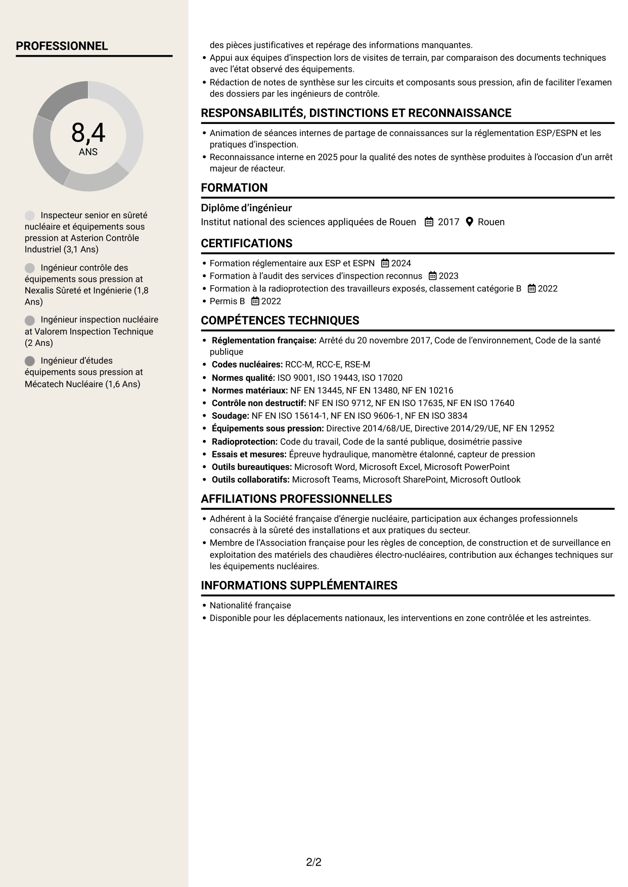 CV Fonceur (format à deux colonnes avec en-tête centré sans photo) : Inspecteur senior en sûreté nucléaire et équipements sous pression, page 2