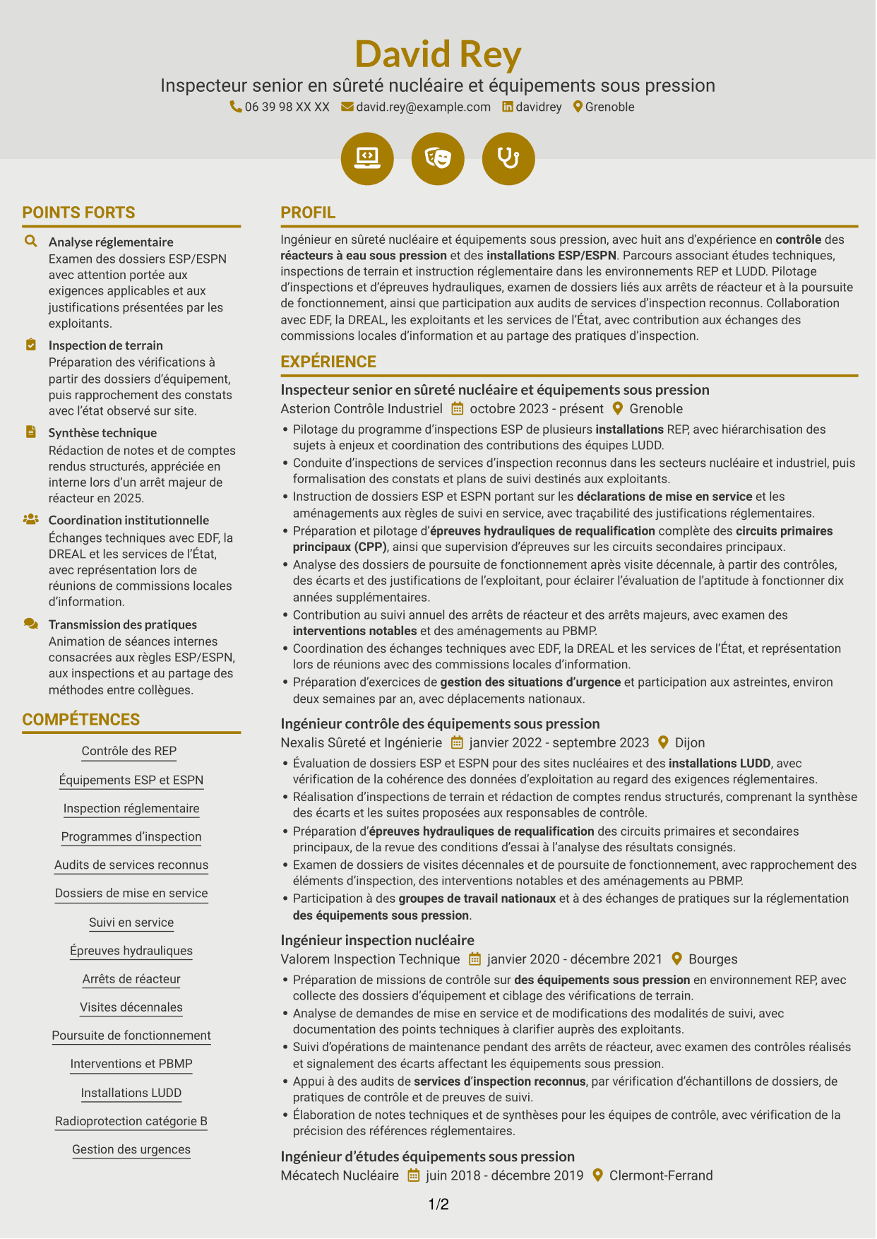 CV Dynamique (format à deux colonnes avec icônes) : Inspecteur senior en sûreté nucléaire et équipements sous pression, page 1