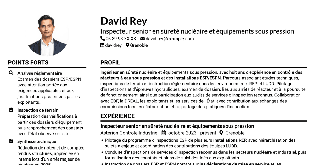 7 modèles de CV pour Inspecteur senior en sûreté nucléaire et équipements sous pression, avec exemples