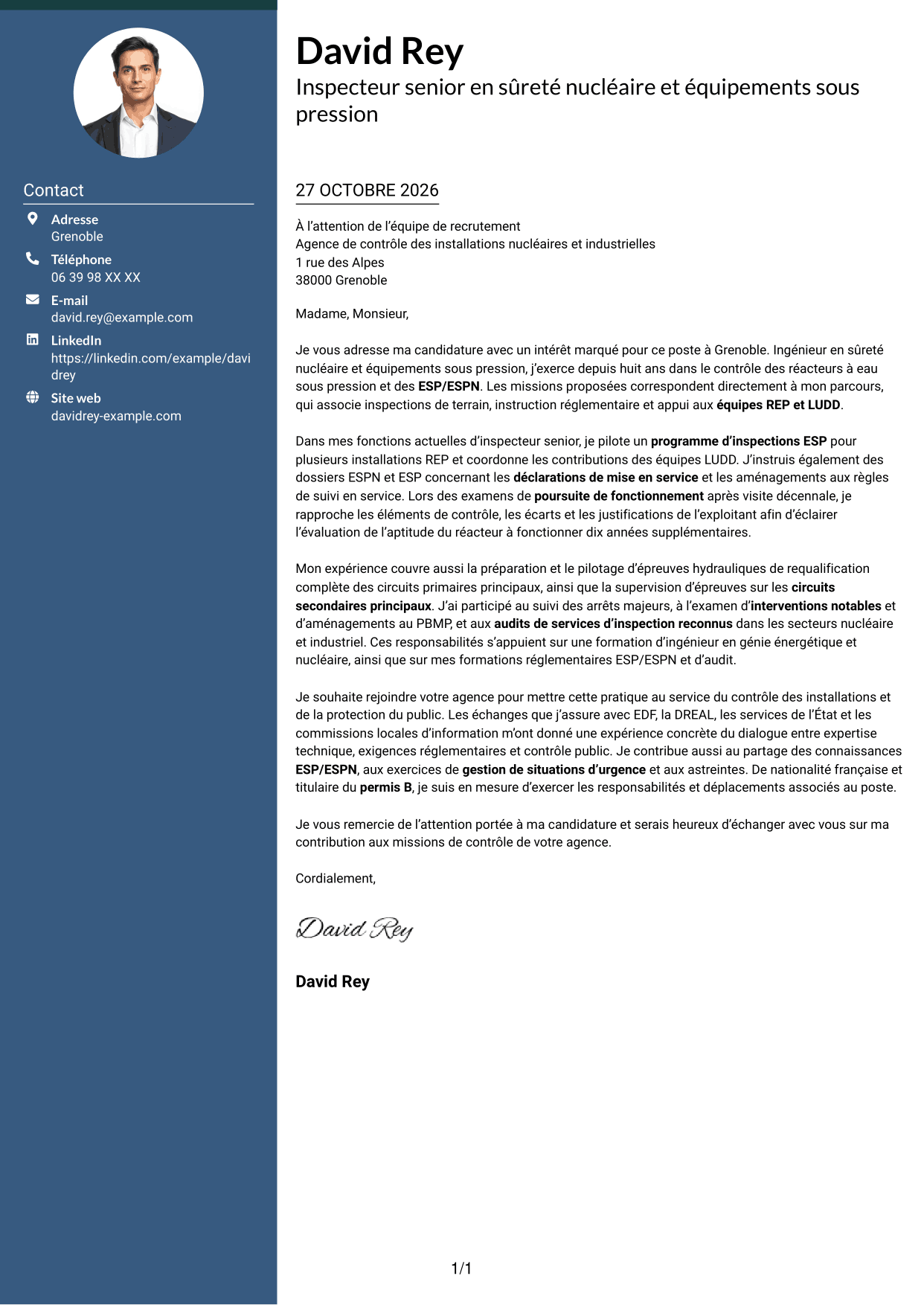 Lettre de motivation Élégant (format à colonne latérale colorée avec photo) : Inspecteur senior en sûreté nucléaire et équipements sous pression, page 1
