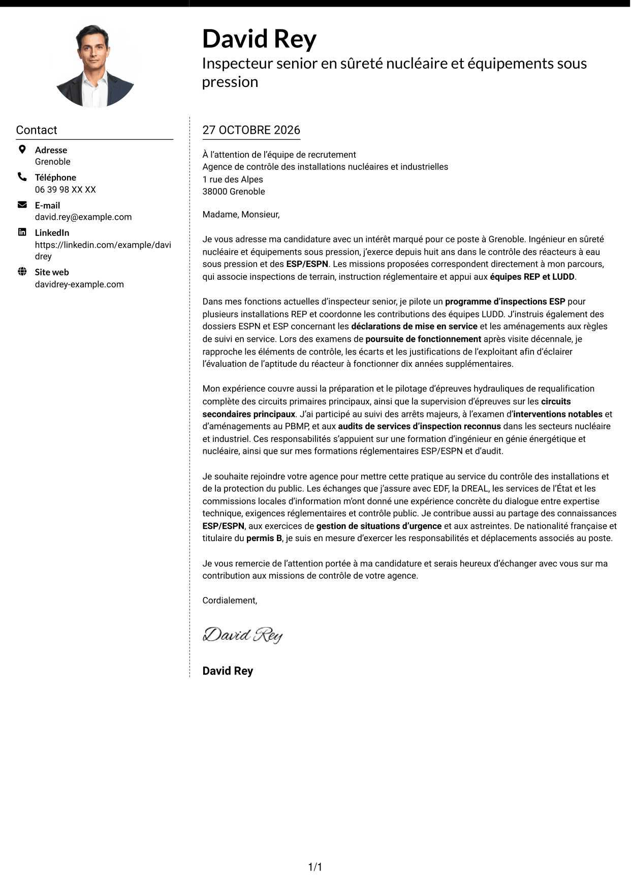 Lettre de motivation Moderne (format à deux colonnes avec photo à gauche et séparateur) : Inspecteur senior en sûreté nucléaire et équipements sous pression, page 1