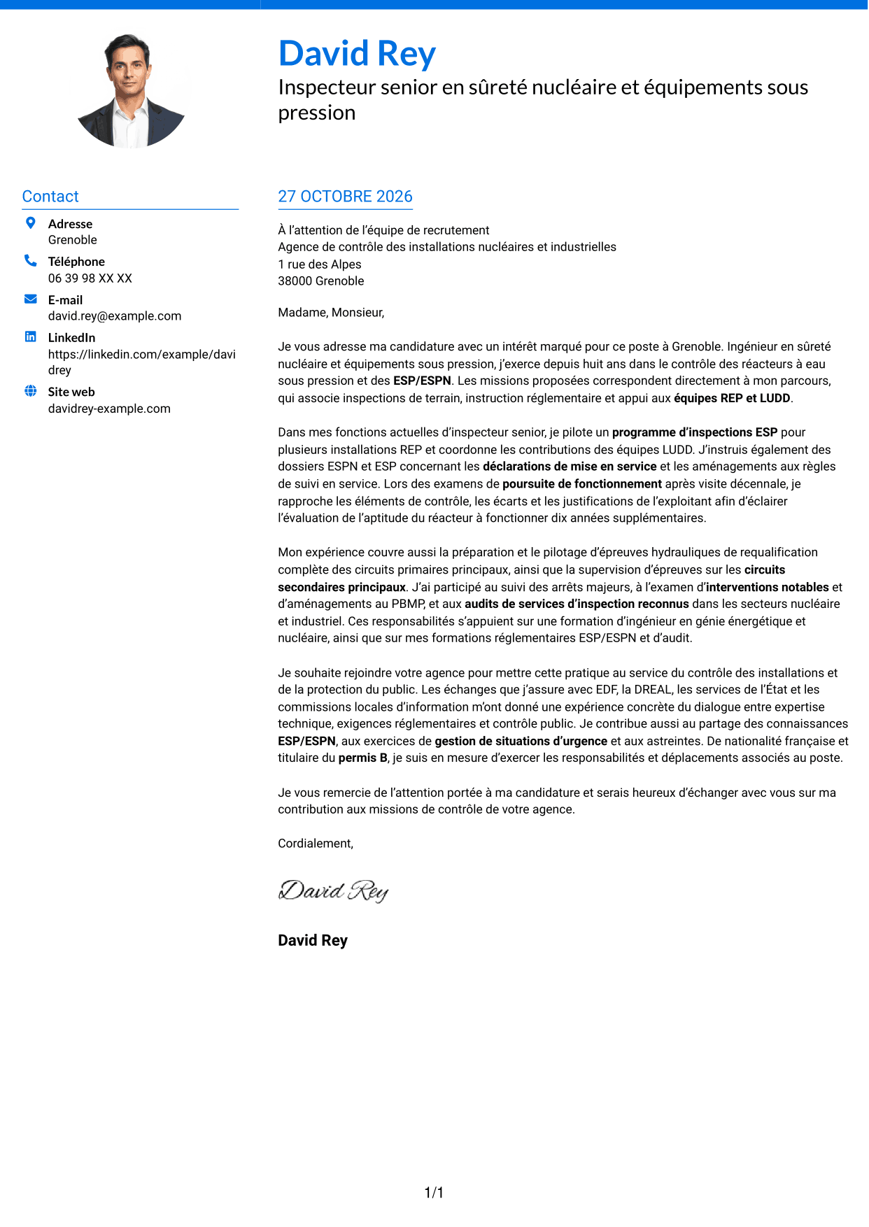 Lettre de motivation Audacieux (format à deux colonnes avec accents colorés et photo) : Inspecteur senior en sûreté nucléaire et équipements sous pression, page 1