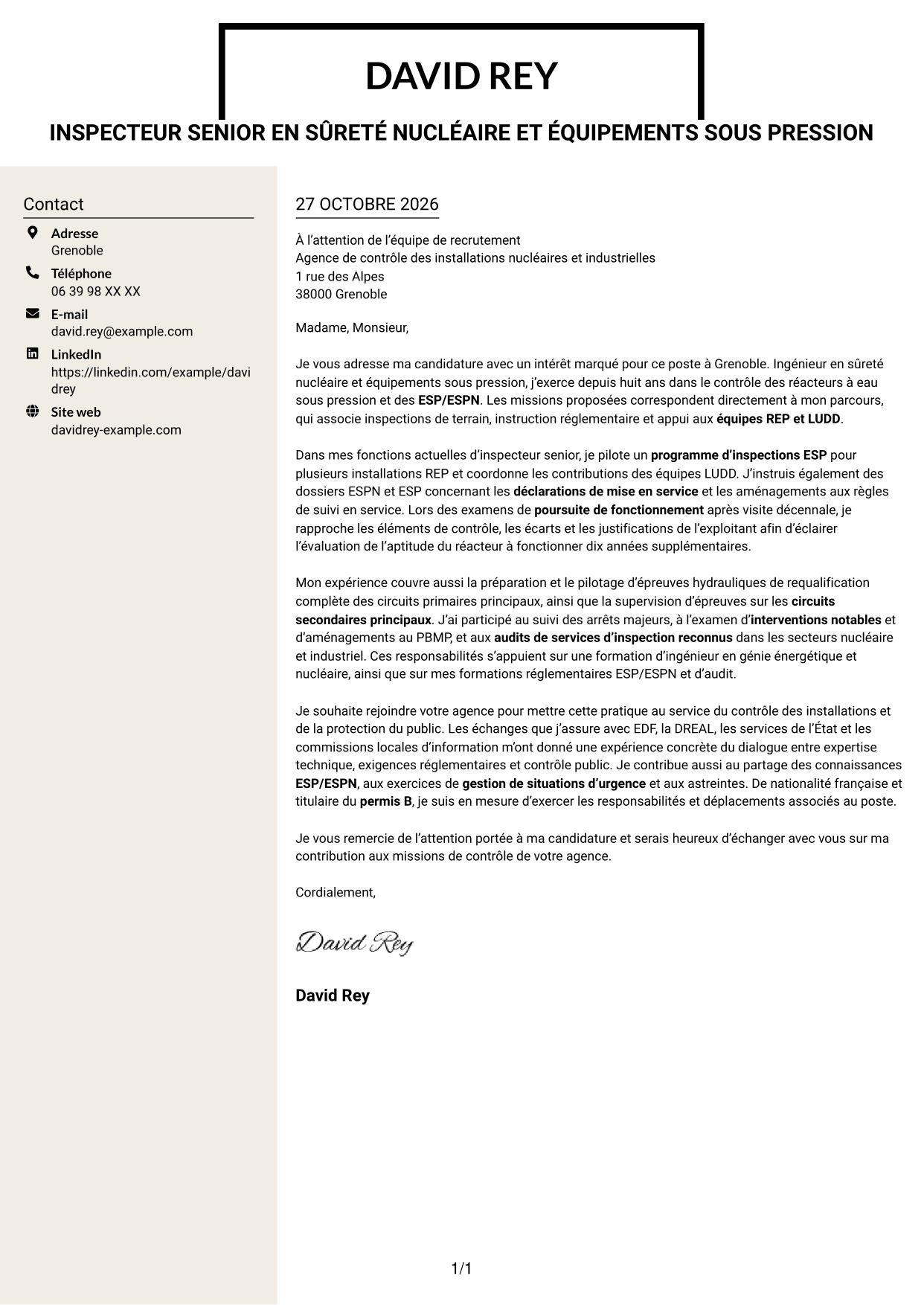 Lettre de motivation Fonceur (format à deux colonnes avec en-tête centré sans photo) : Inspecteur senior en sûreté nucléaire et équipements sous pression, page 1