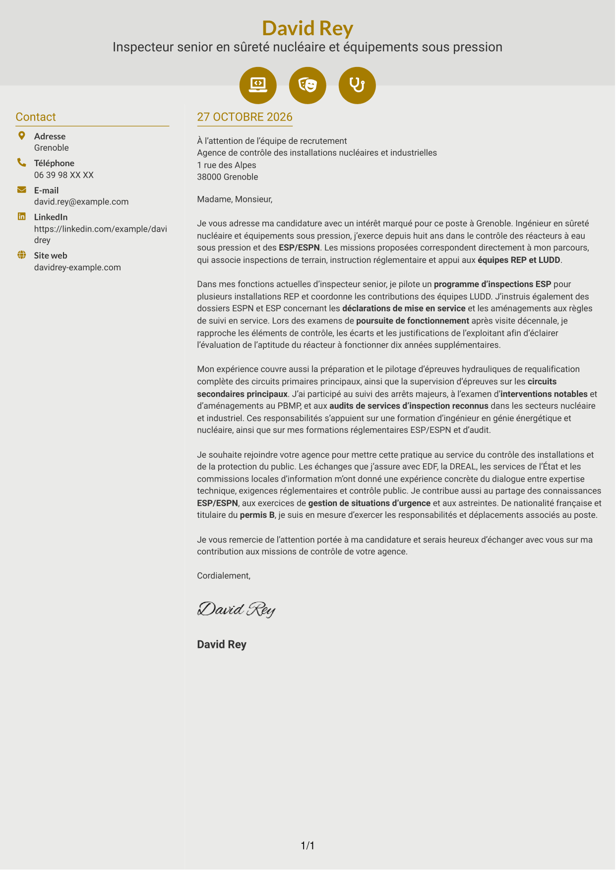 Lettre de motivation Dynamique (format à deux colonnes avec icônes) : Inspecteur senior en sûreté nucléaire et équipements sous pression, page 1