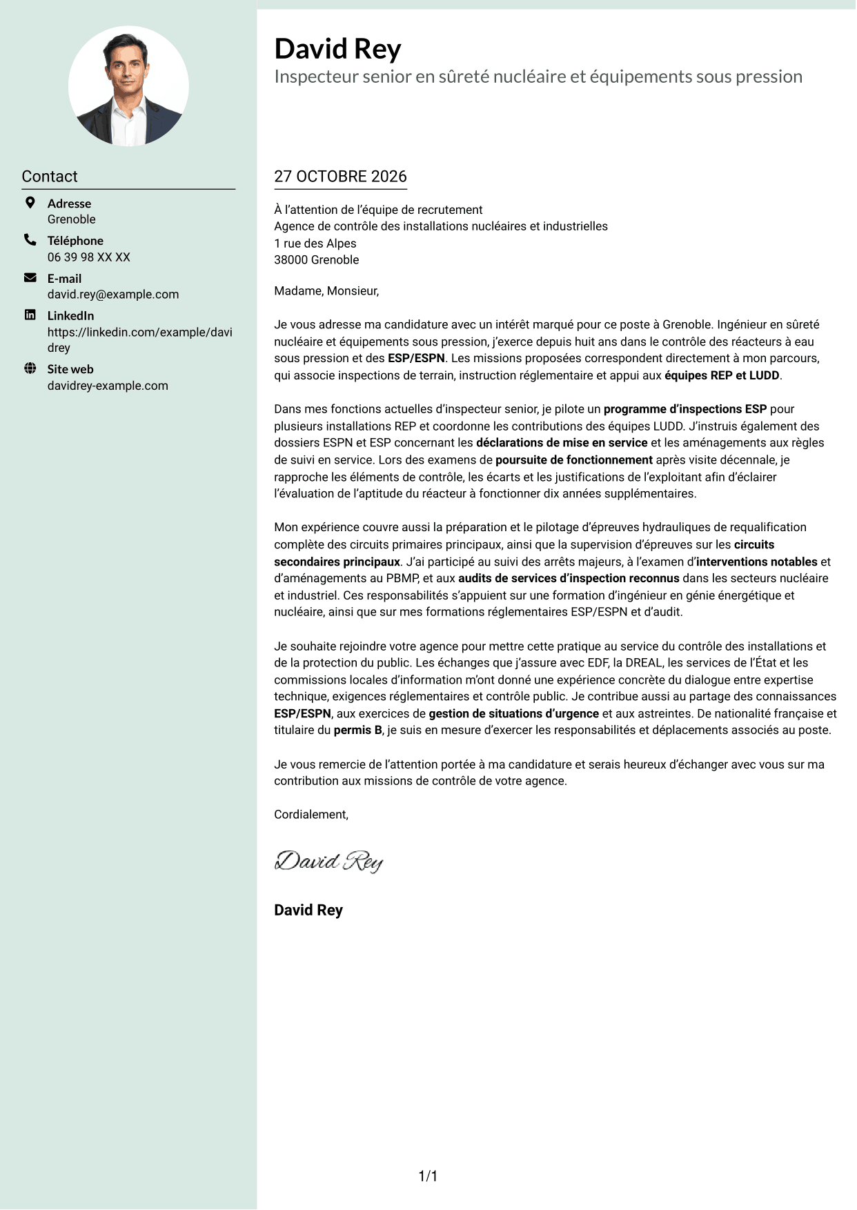 Lettre de motivation Cadre (format à colonne latérale douce avec photo arrondie) : Inspecteur senior en sûreté nucléaire et équipements sous pression, page 1