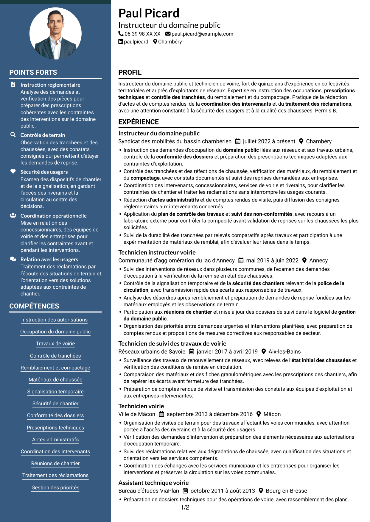 CV Élégant (format à colonne latérale colorée avec photo) : Instructeur de l’occupation du domaine public - Travaux de voirie, page 1