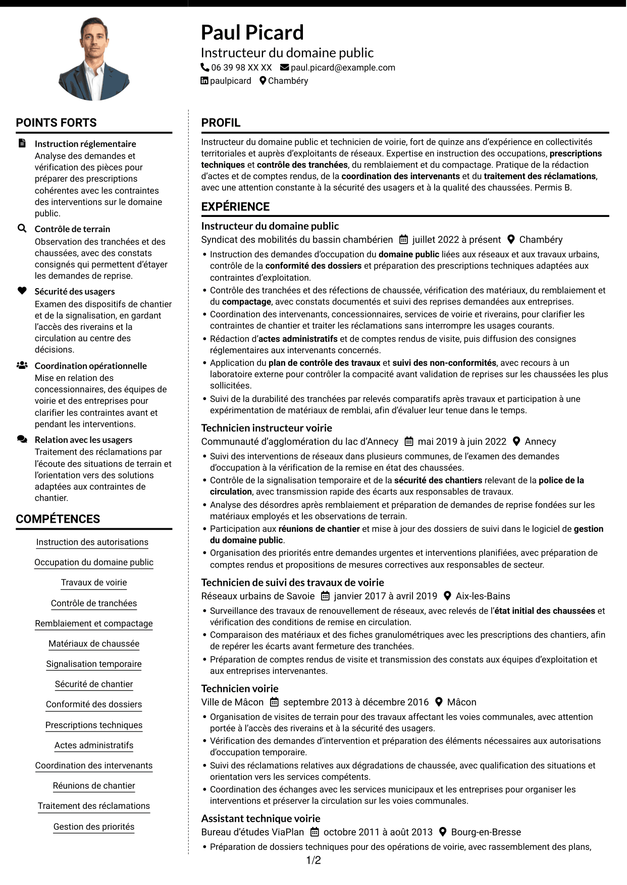 CV Moderne (format à deux colonnes avec photo à gauche et séparateur) : Instructeur de l’occupation du domaine public - Travaux de voirie, page 1