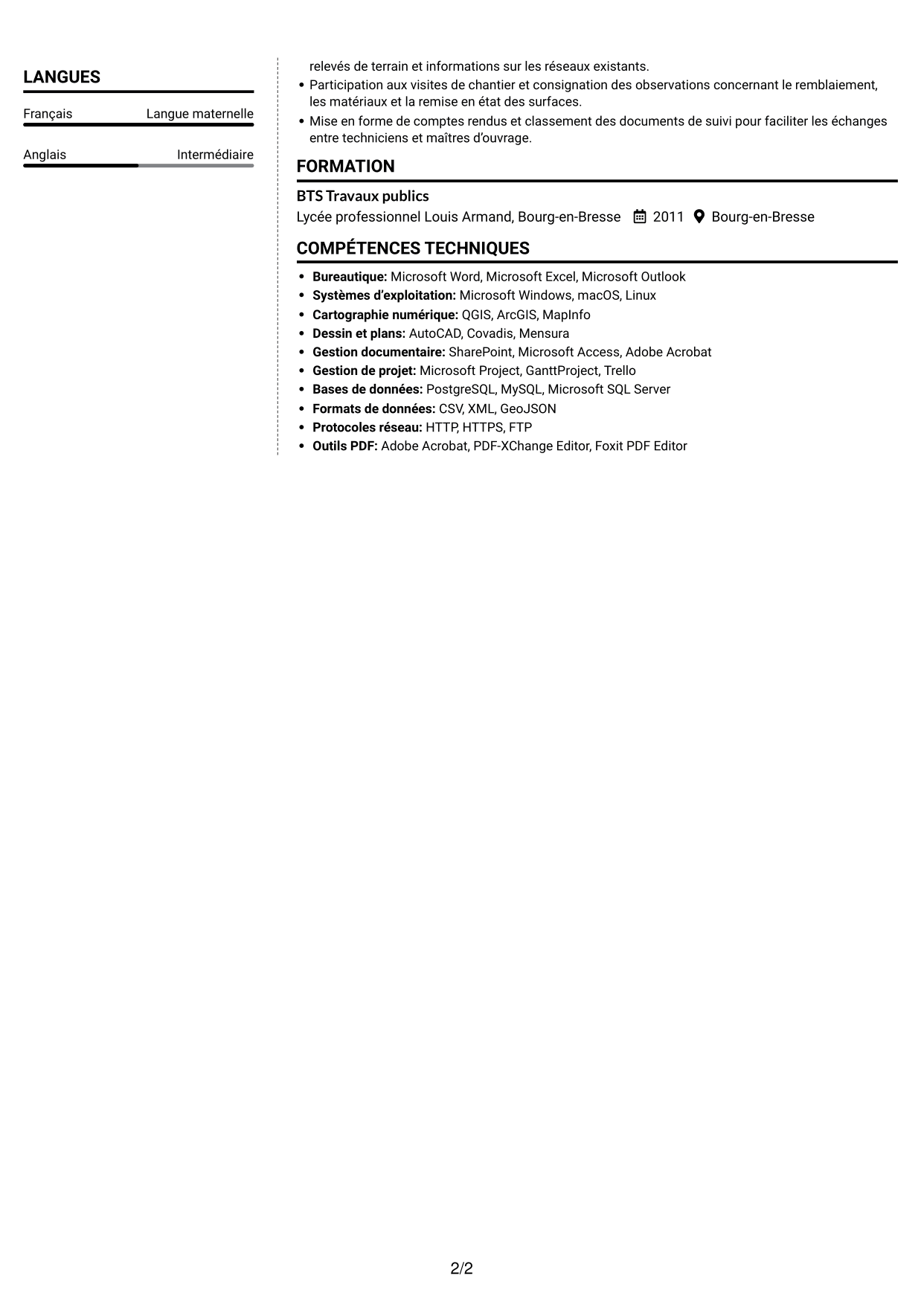 CV Moderne (format à deux colonnes avec photo à gauche et séparateur) : Instructeur de l’occupation du domaine public - Travaux de voirie, page 2