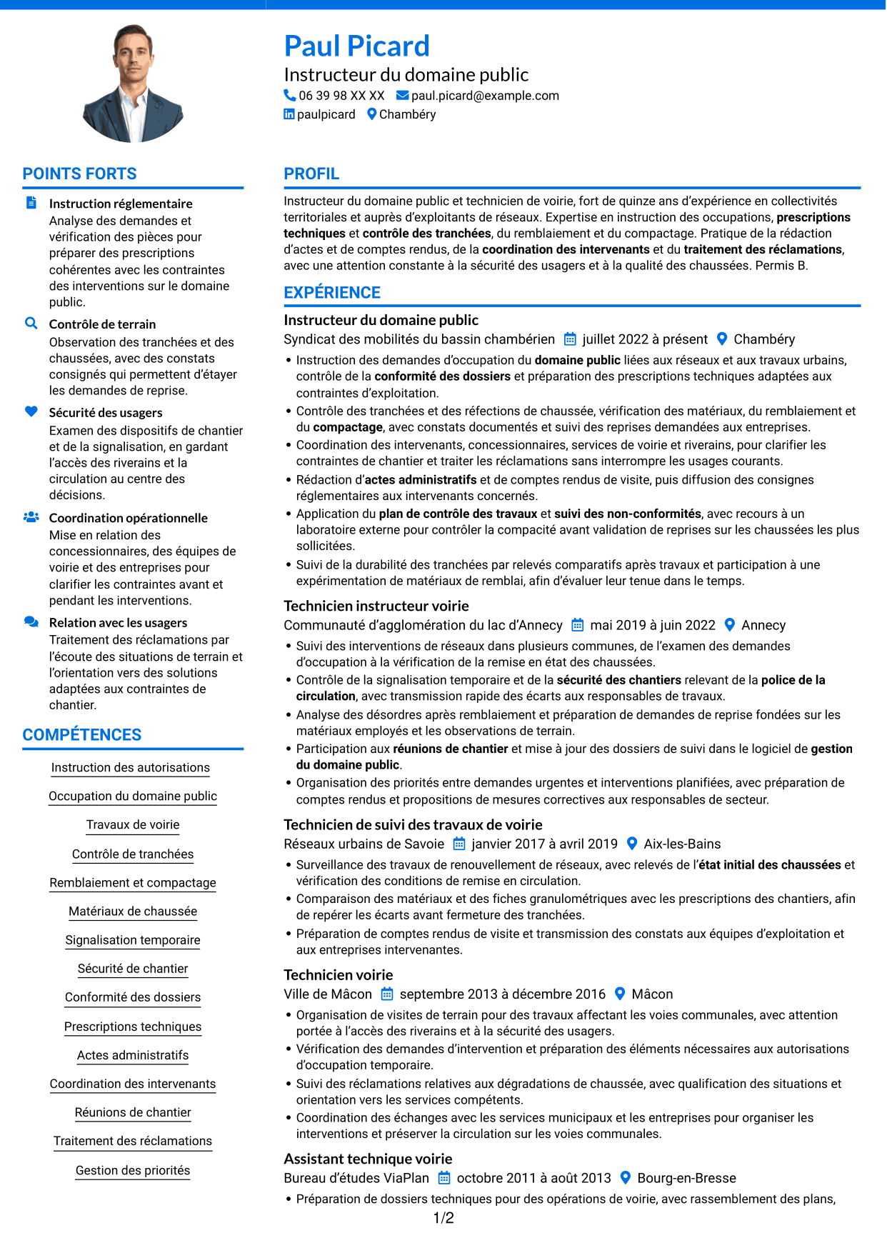 CV Audacieux (format à deux colonnes avec accents colorés et photo) : Instructeur de l’occupation du domaine public - Travaux de voirie, page 1