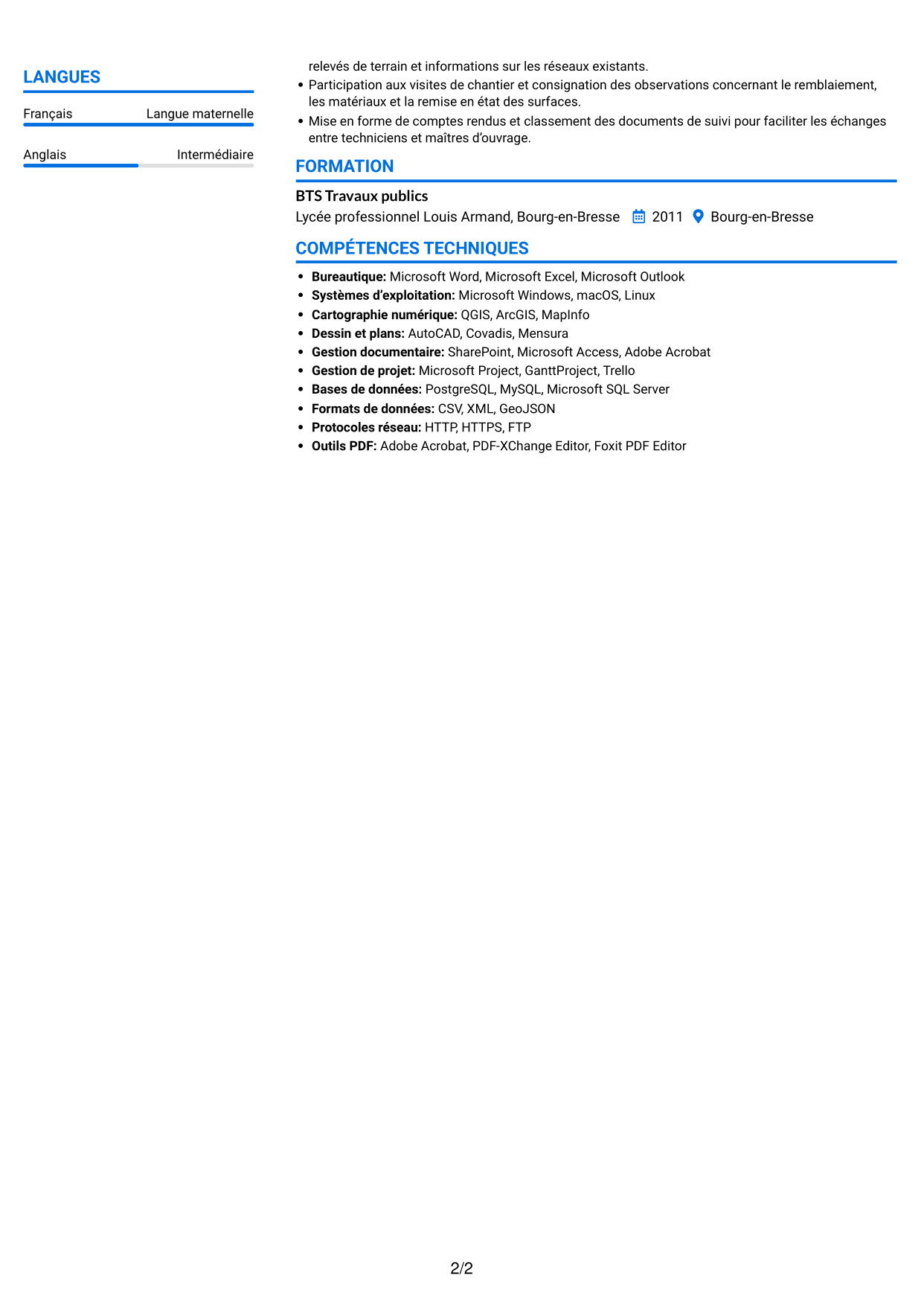 CV Audacieux (format à deux colonnes avec accents colorés et photo) : Instructeur de l’occupation du domaine public - Travaux de voirie, page 2