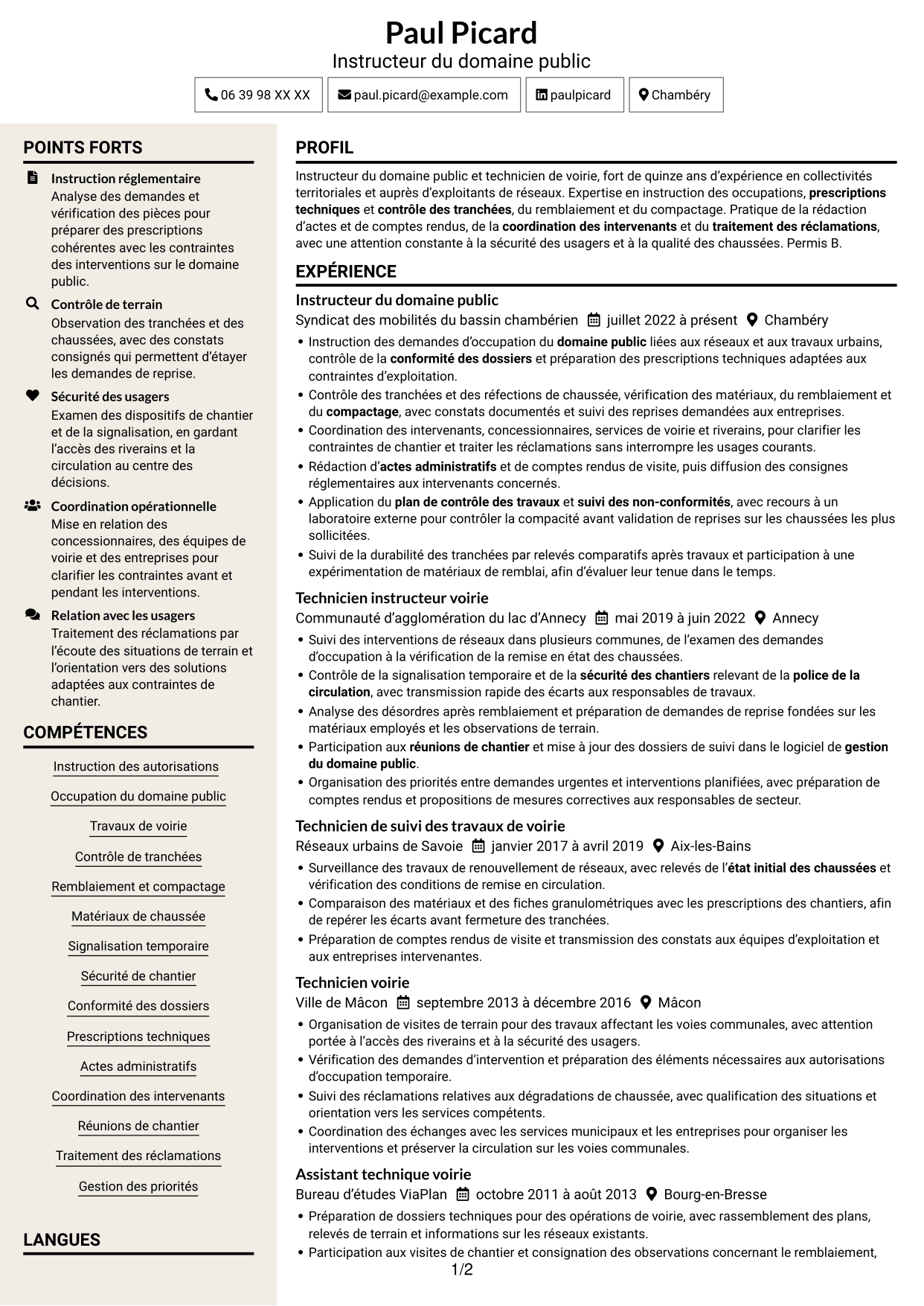 CV Fonceur (format à deux colonnes avec en-tête centré sans photo) : Instructeur de l’occupation du domaine public - Travaux de voirie, page 1
