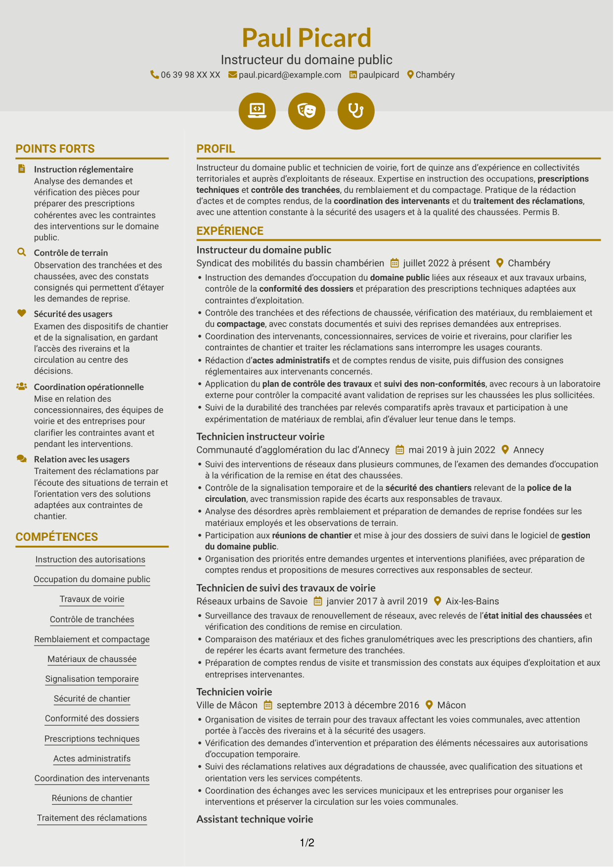 CV Dynamique (format à deux colonnes avec icônes) : Instructeur de l’occupation du domaine public - Travaux de voirie, page 1