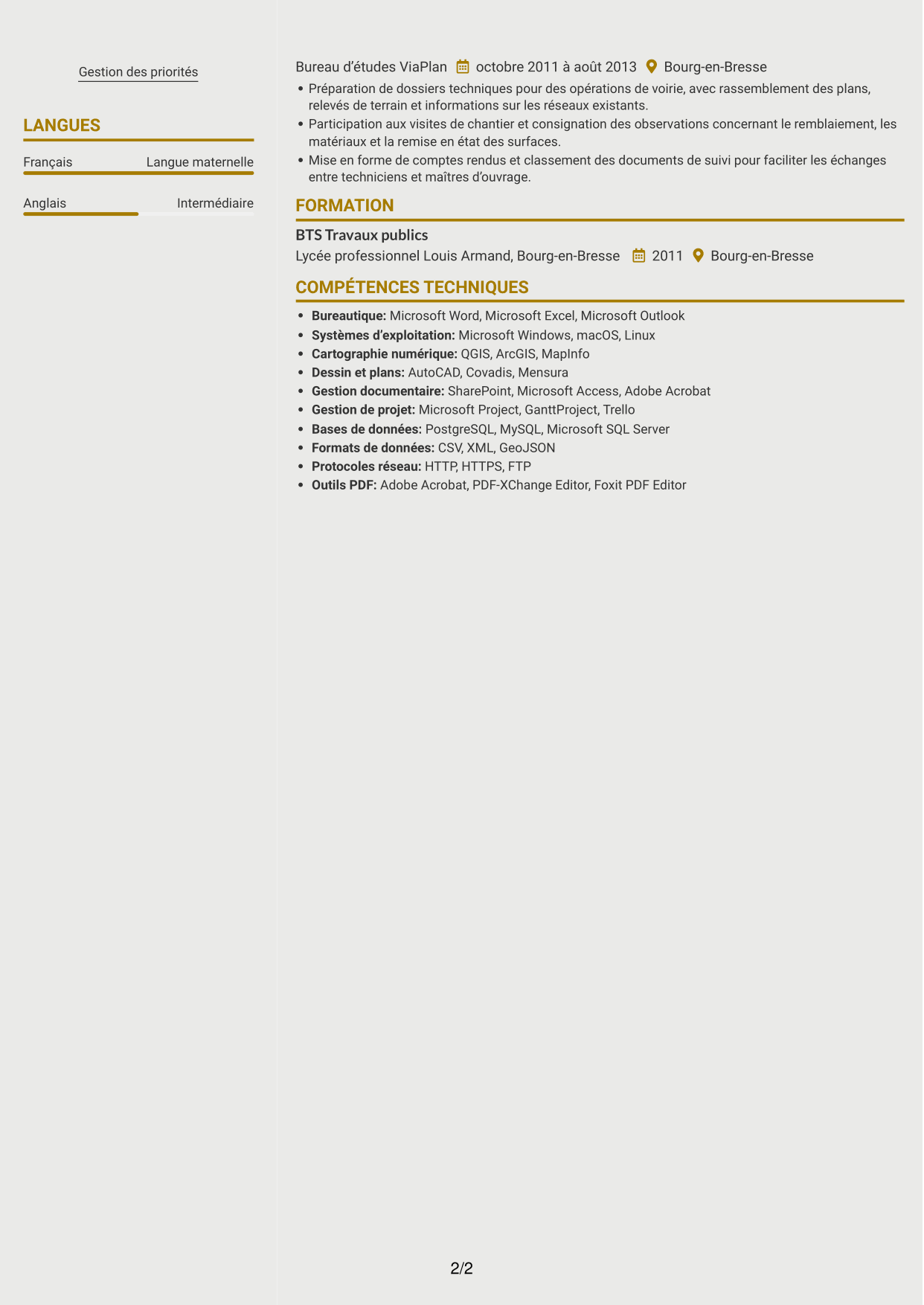 CV Dynamique (format à deux colonnes avec icônes) : Instructeur de l’occupation du domaine public - Travaux de voirie, page 2