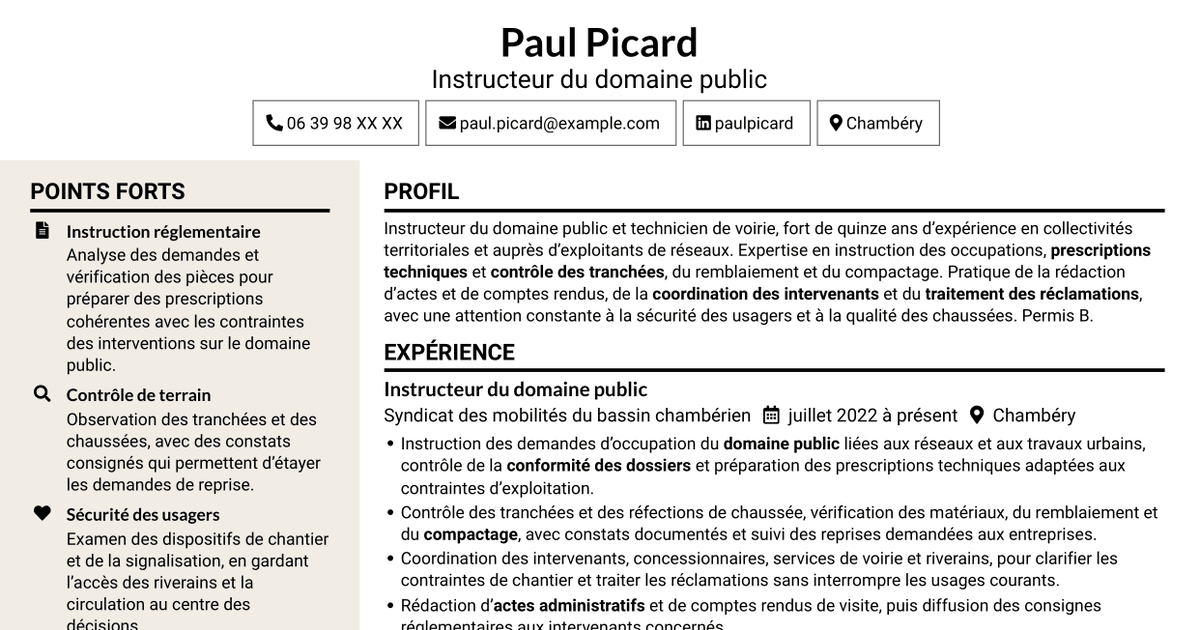 7 modèles de CV pour Instructeur de l’occupation du domaine public - Travaux de voirie, avec exemples