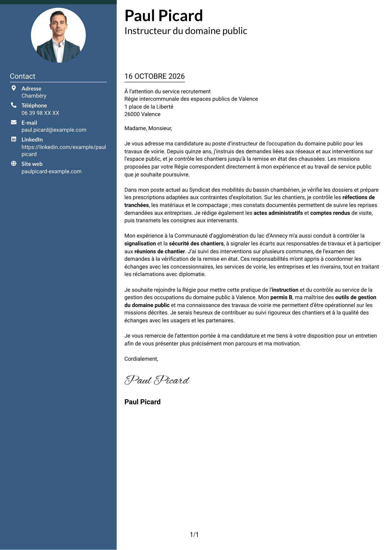 Lettre de motivation Élégant (format à colonne latérale colorée avec photo) : Instructeur de l’occupation du domaine public - Travaux de voirie, page 1