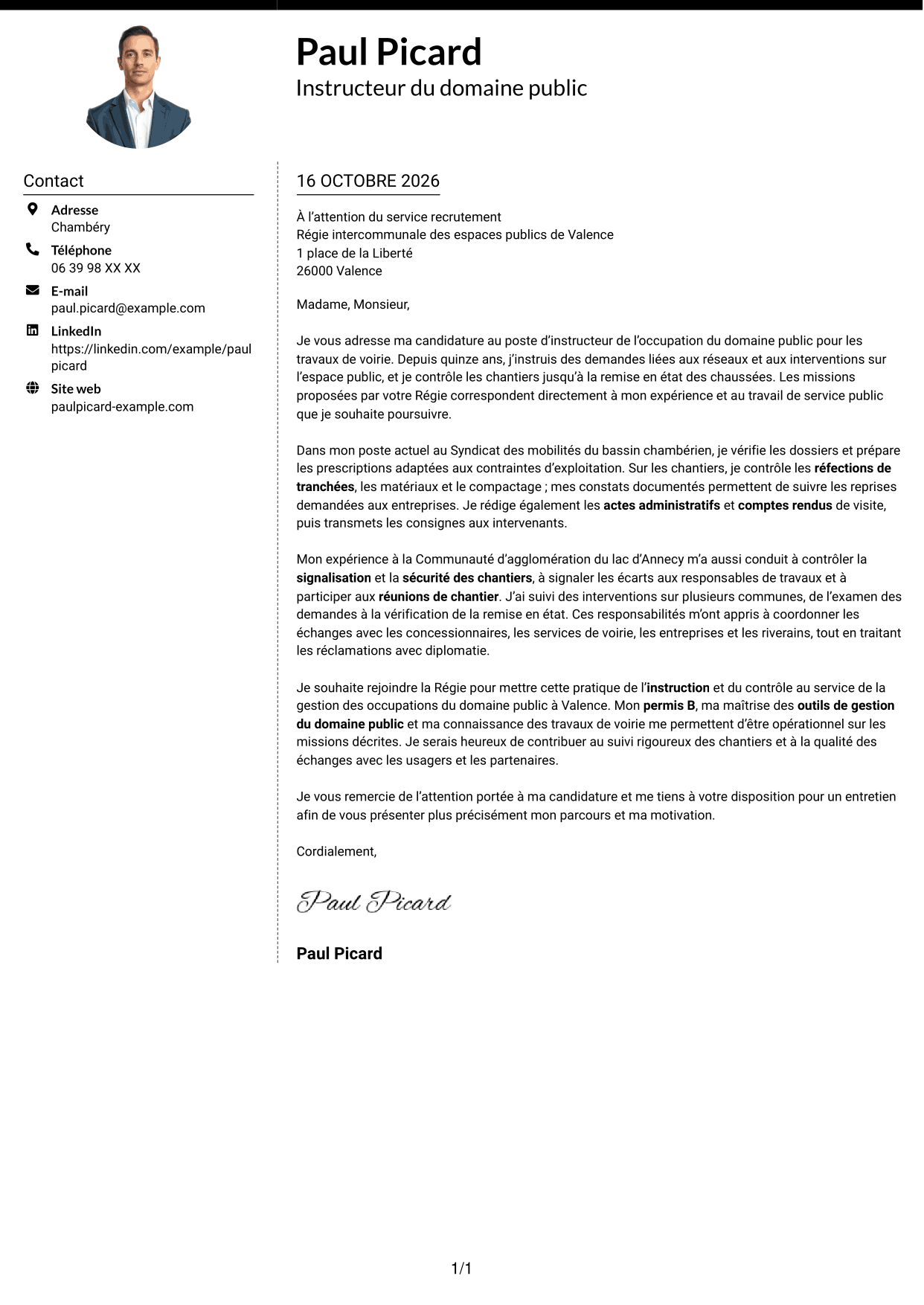 Lettre de motivation Moderne (format à deux colonnes avec photo à gauche et séparateur) : Instructeur de l’occupation du domaine public - Travaux de voirie, page 1