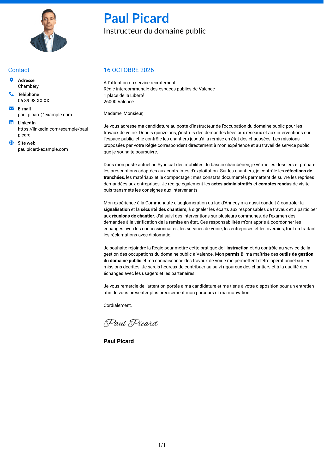 Lettre de motivation Audacieux (format à deux colonnes avec accents colorés et photo) : Instructeur de l’occupation du domaine public - Travaux de voirie, page 1
