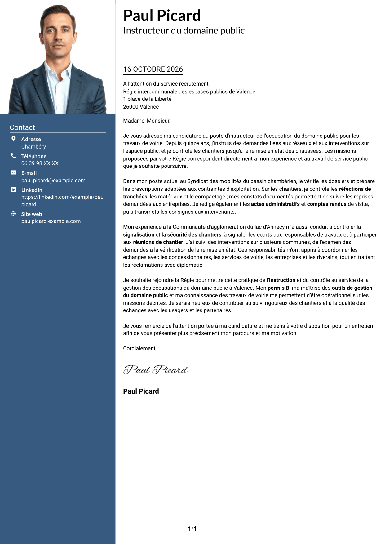 Lettre de motivation Signature (format à colonne latérale colorée avec grande photo) : Instructeur de l’occupation du domaine public - Travaux de voirie, page 1