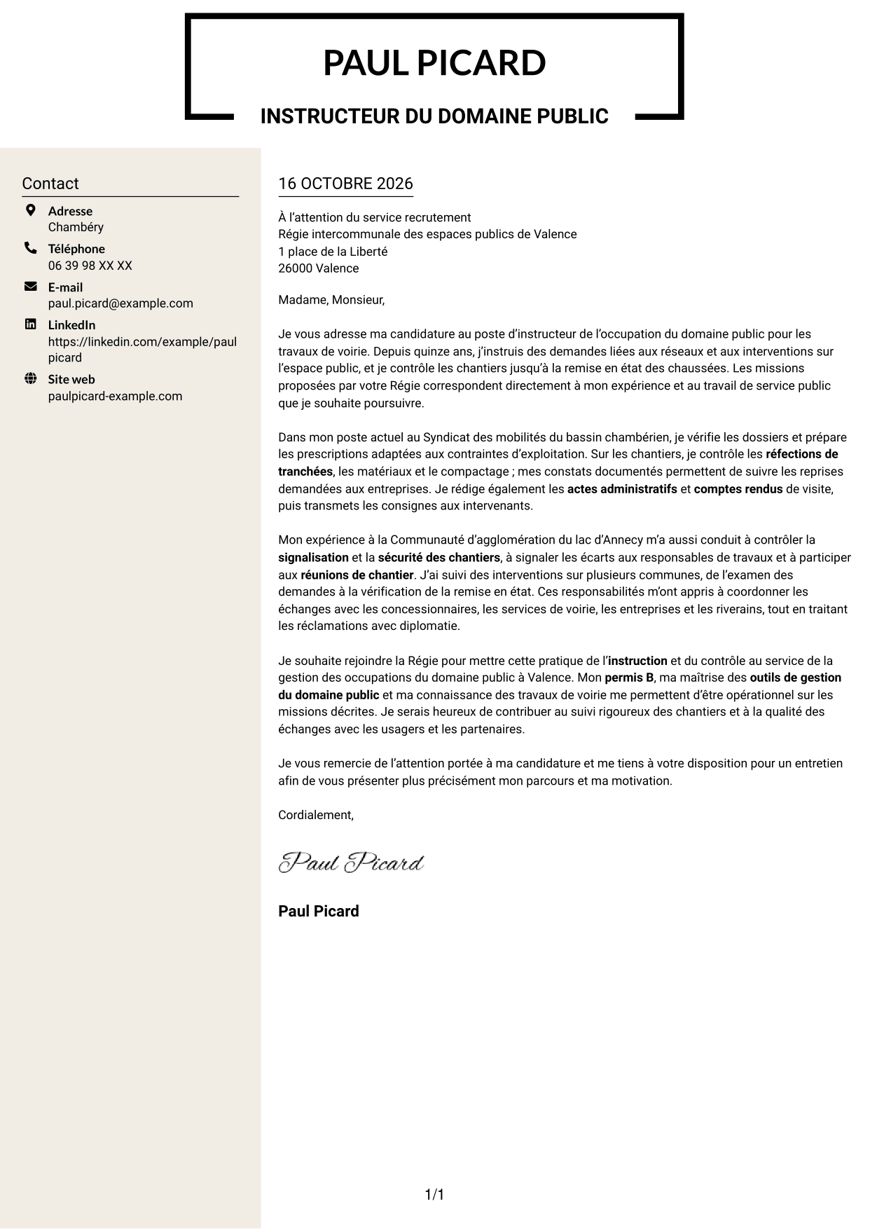 Lettre de motivation Fonceur (format à deux colonnes avec en-tête centré sans photo) : Instructeur de l’occupation du domaine public - Travaux de voirie, page 1
