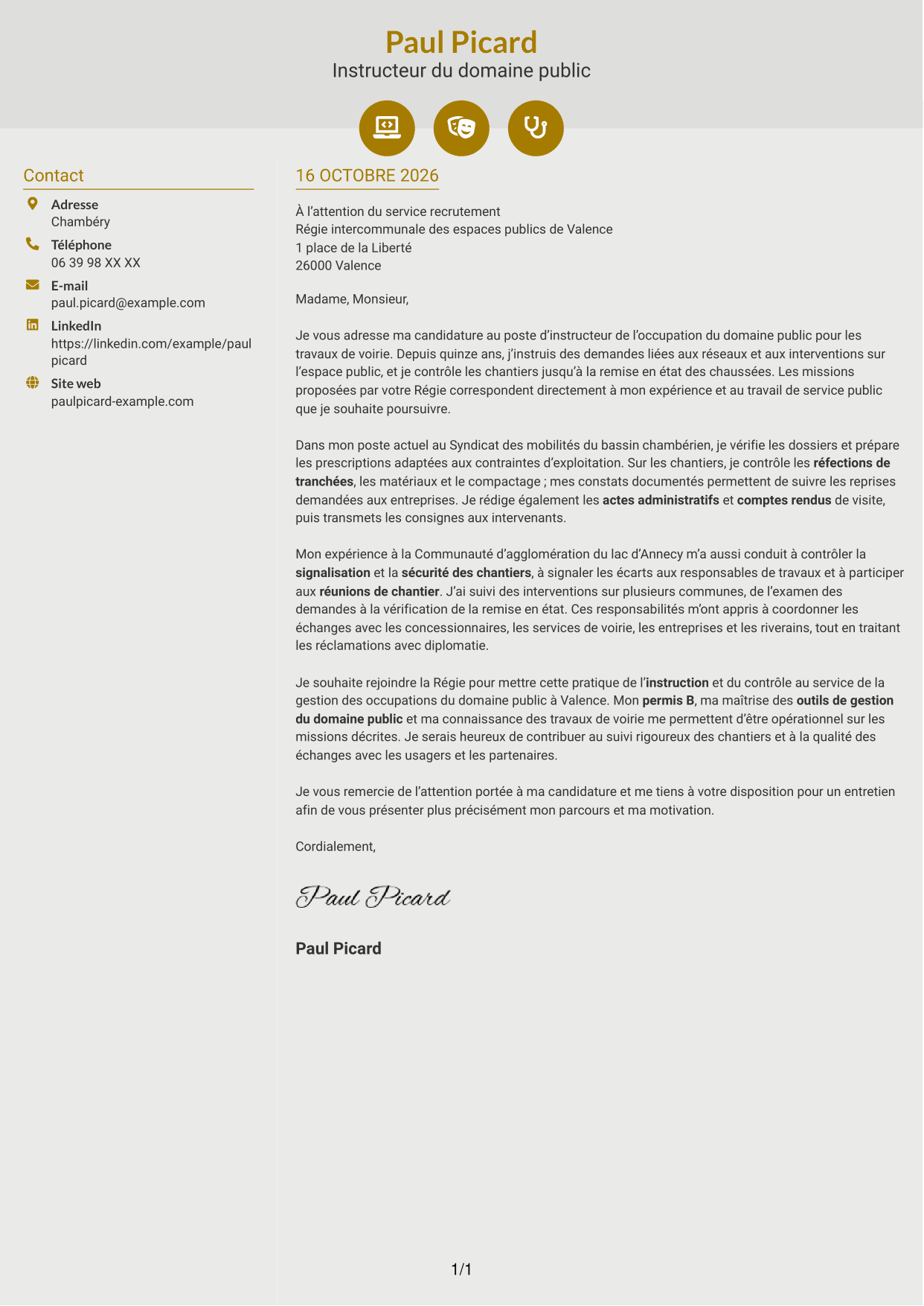 Lettre de motivation Dynamique (format à deux colonnes avec icônes) : Instructeur de l’occupation du domaine public - Travaux de voirie, page 1